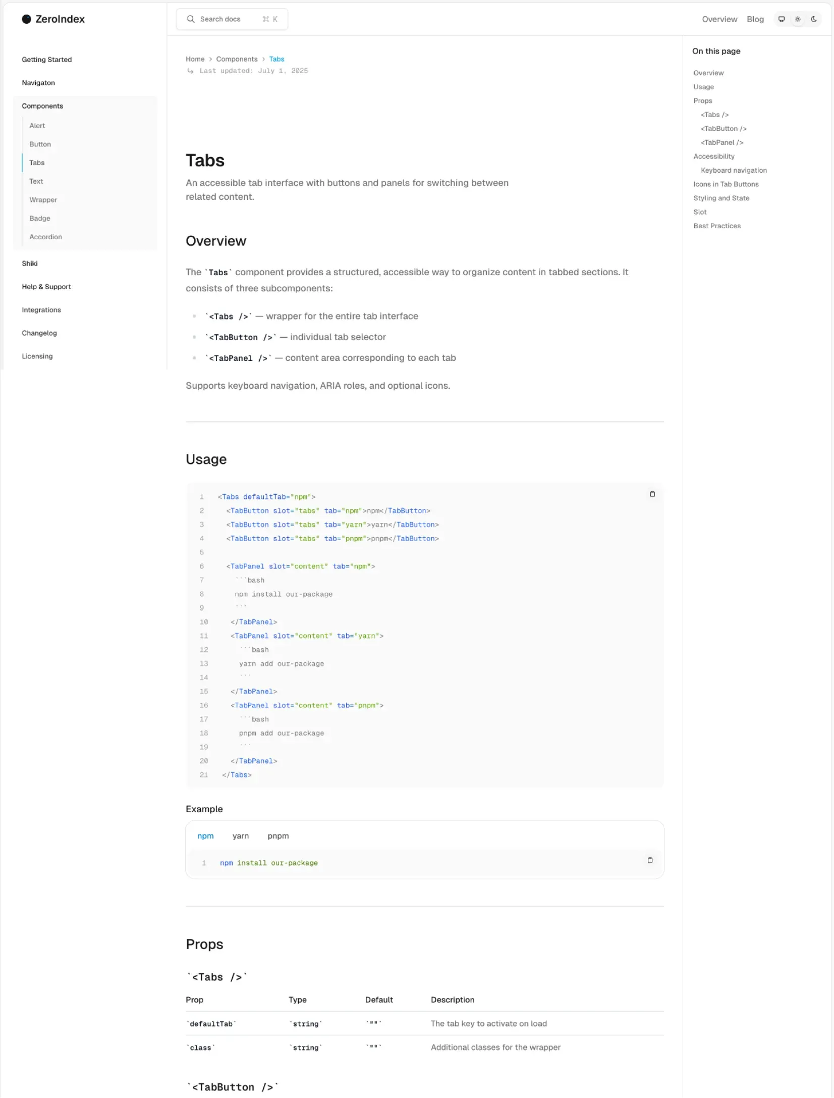 ZeroIndex documentation homepage layout