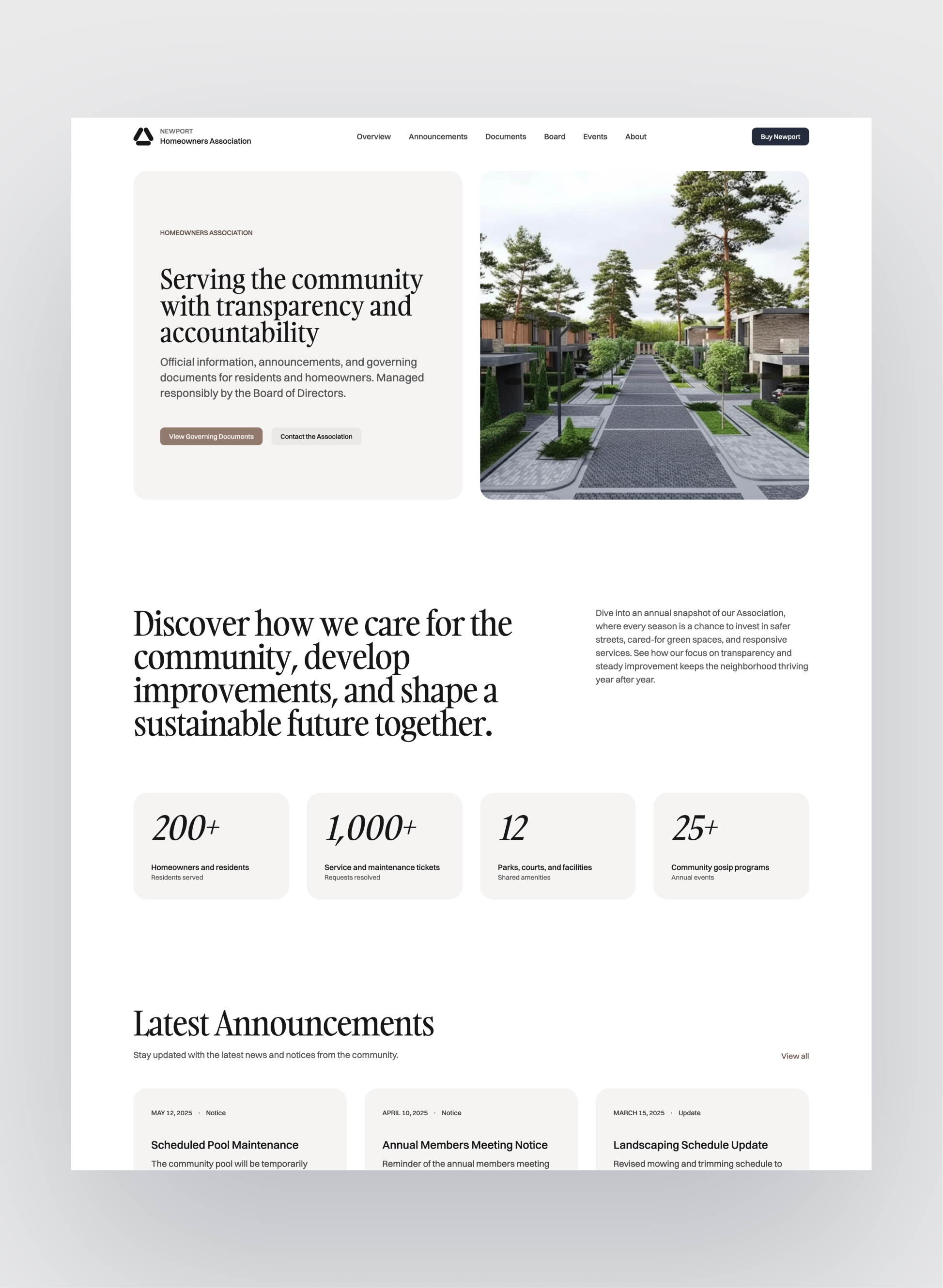 Newport HOA homepage with announcements and community overview