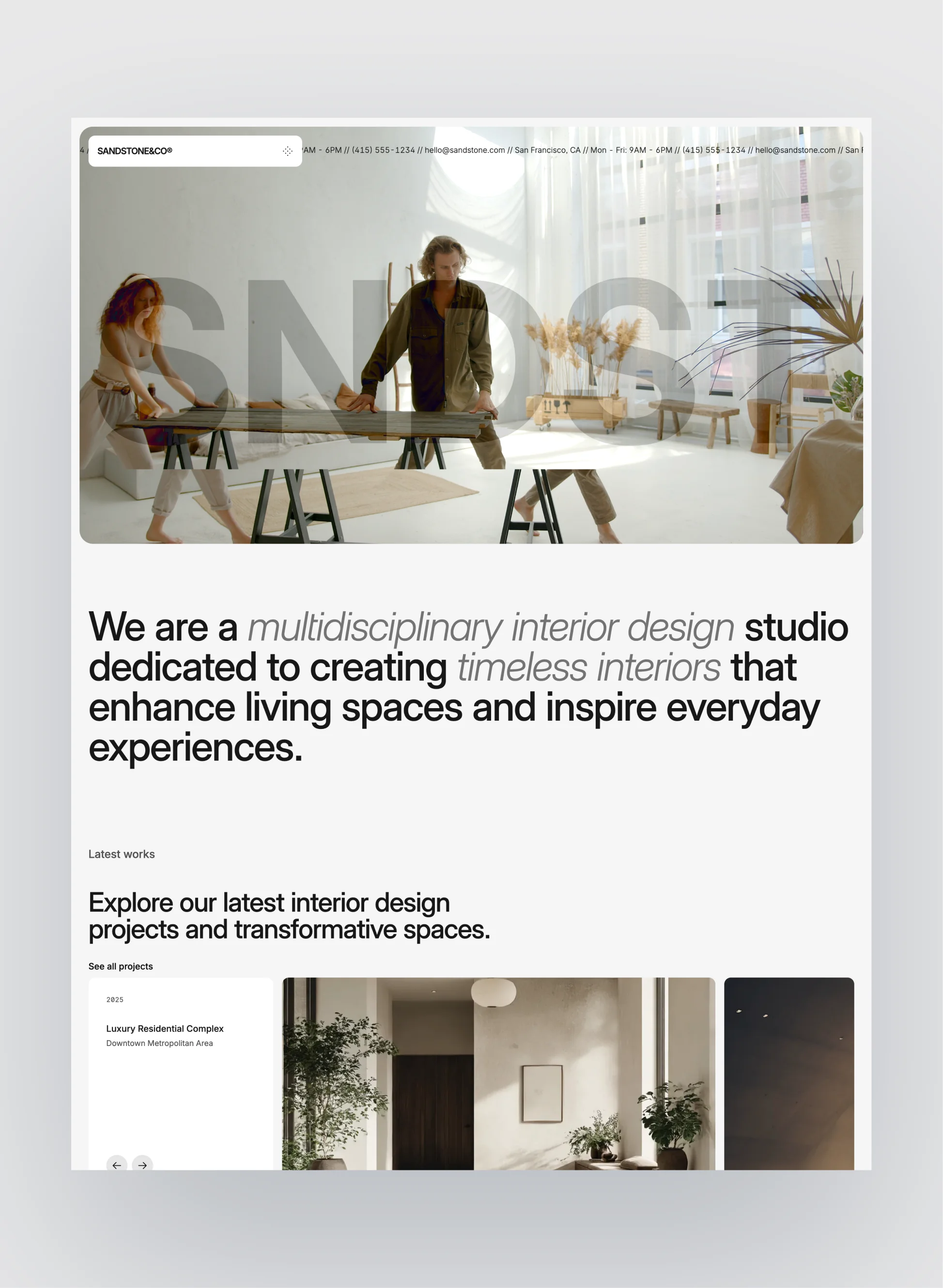 Sandstone interior design studio homepage layout