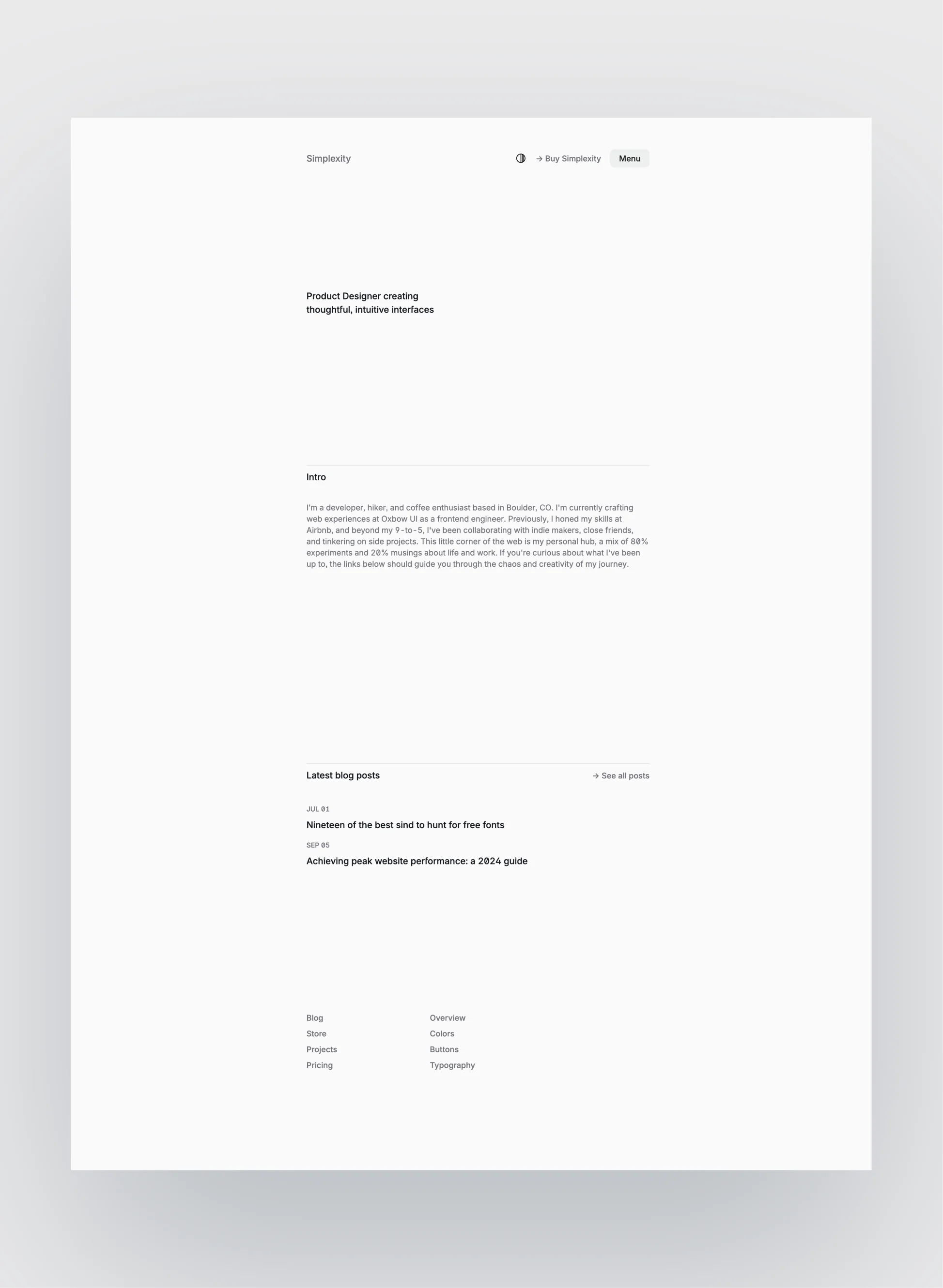 Simplexity homepage layout