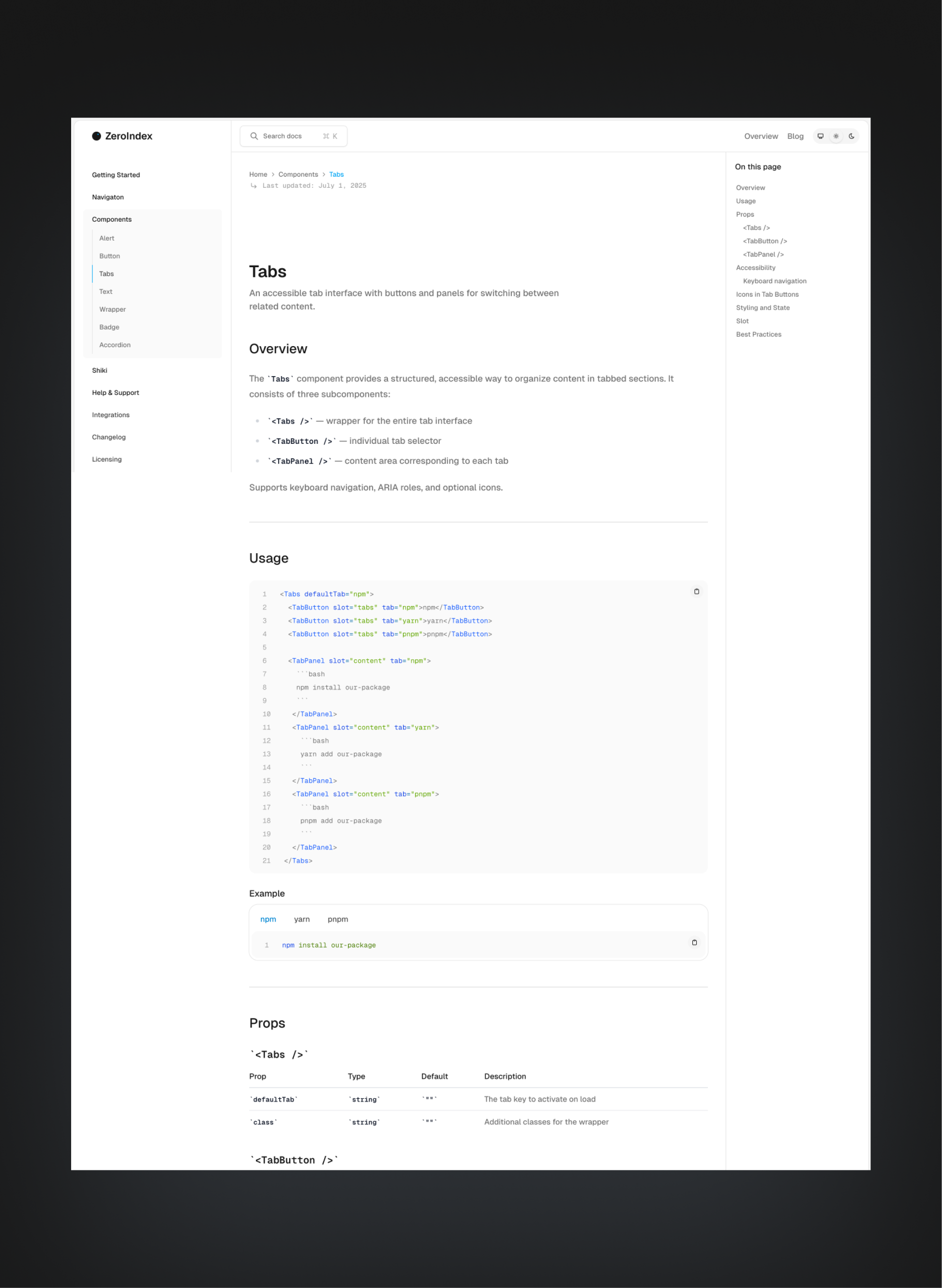 ZeroIndex documentation homepage layout