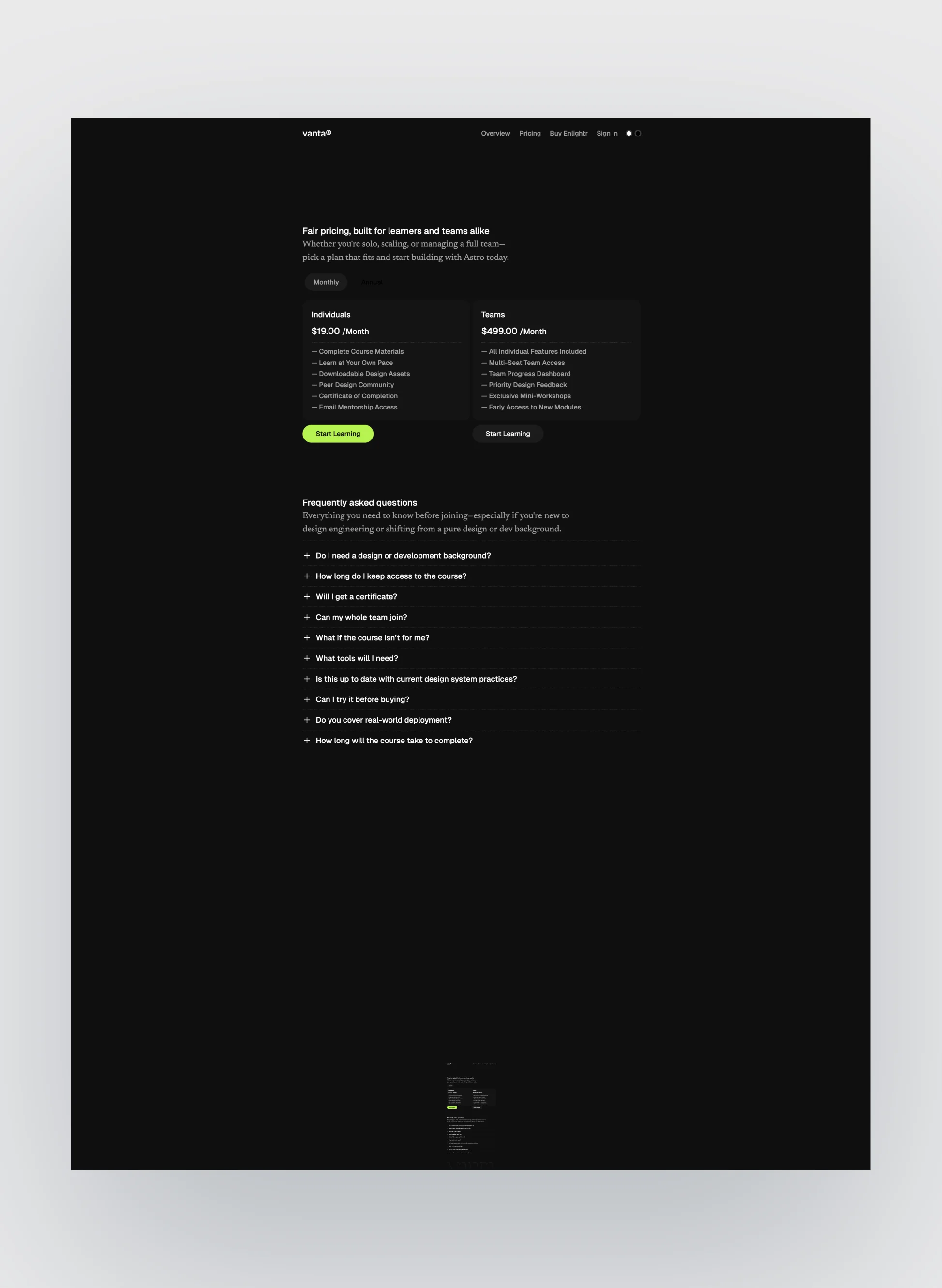 Vanta course landing page