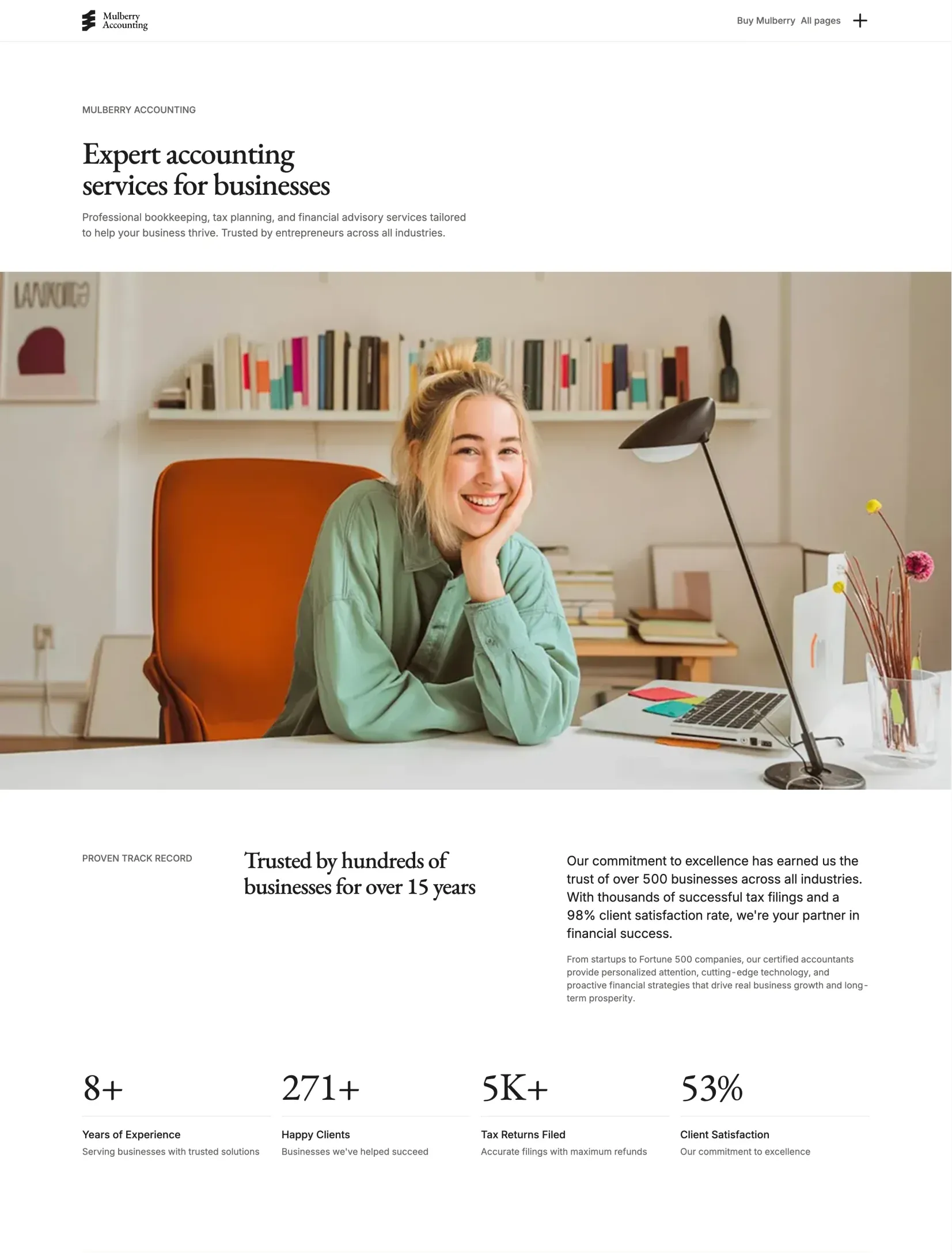 Mulberry accounting landing page with clean, professional layout