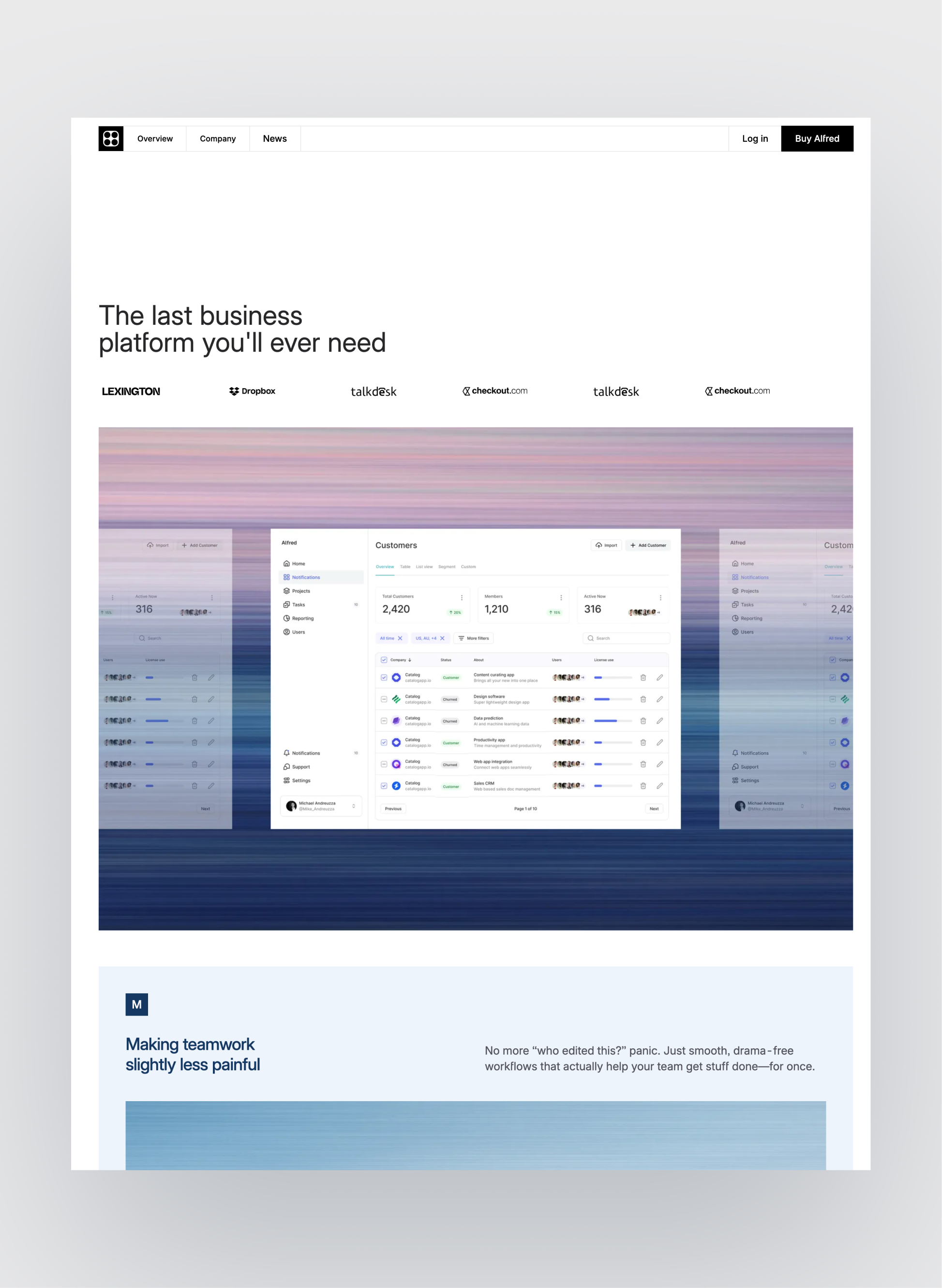 Alfred SaaS homepage layout
