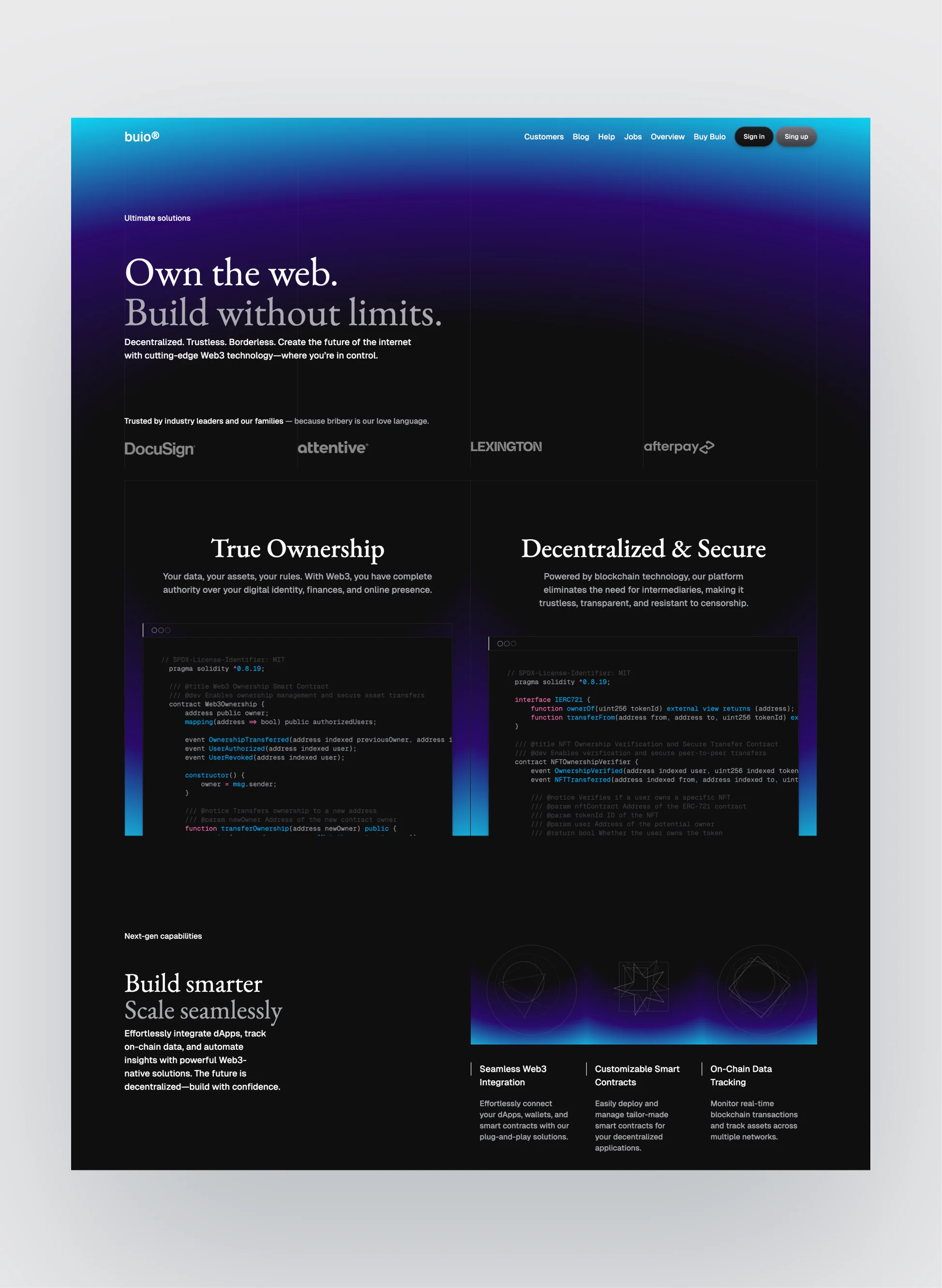 Buio Web3 homepage layout