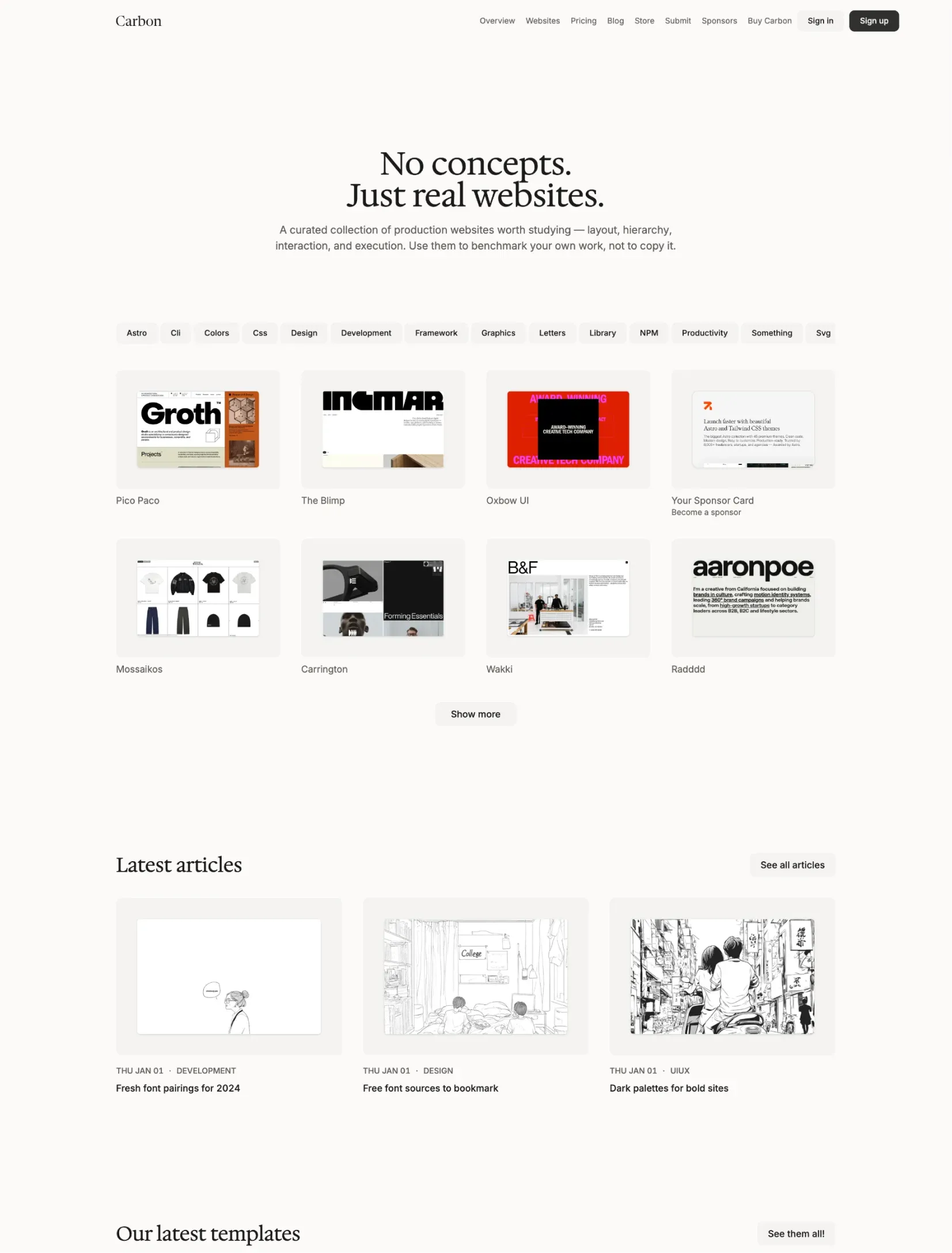 Carbon directory homepage layout