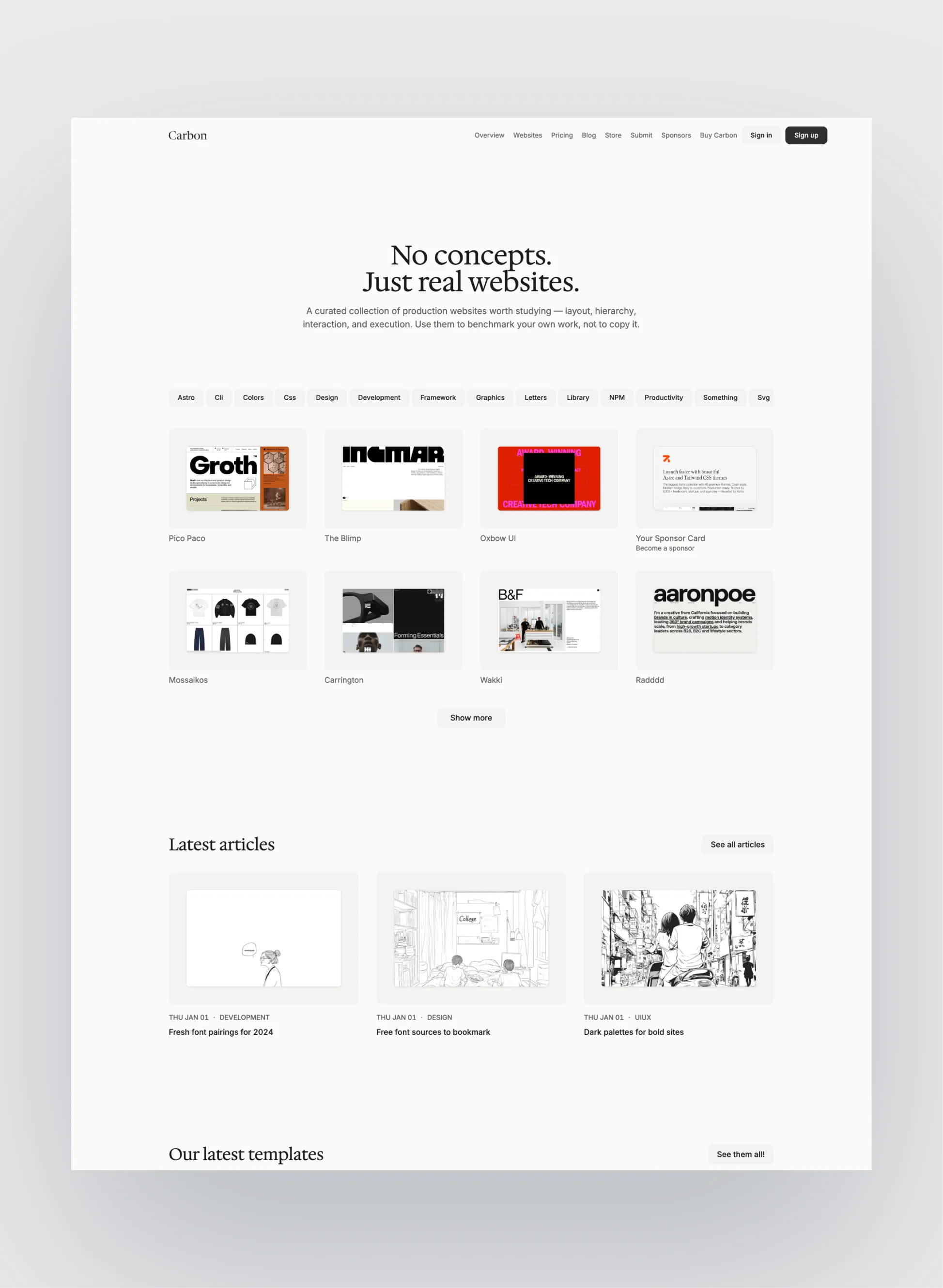 Carbon directory homepage layout