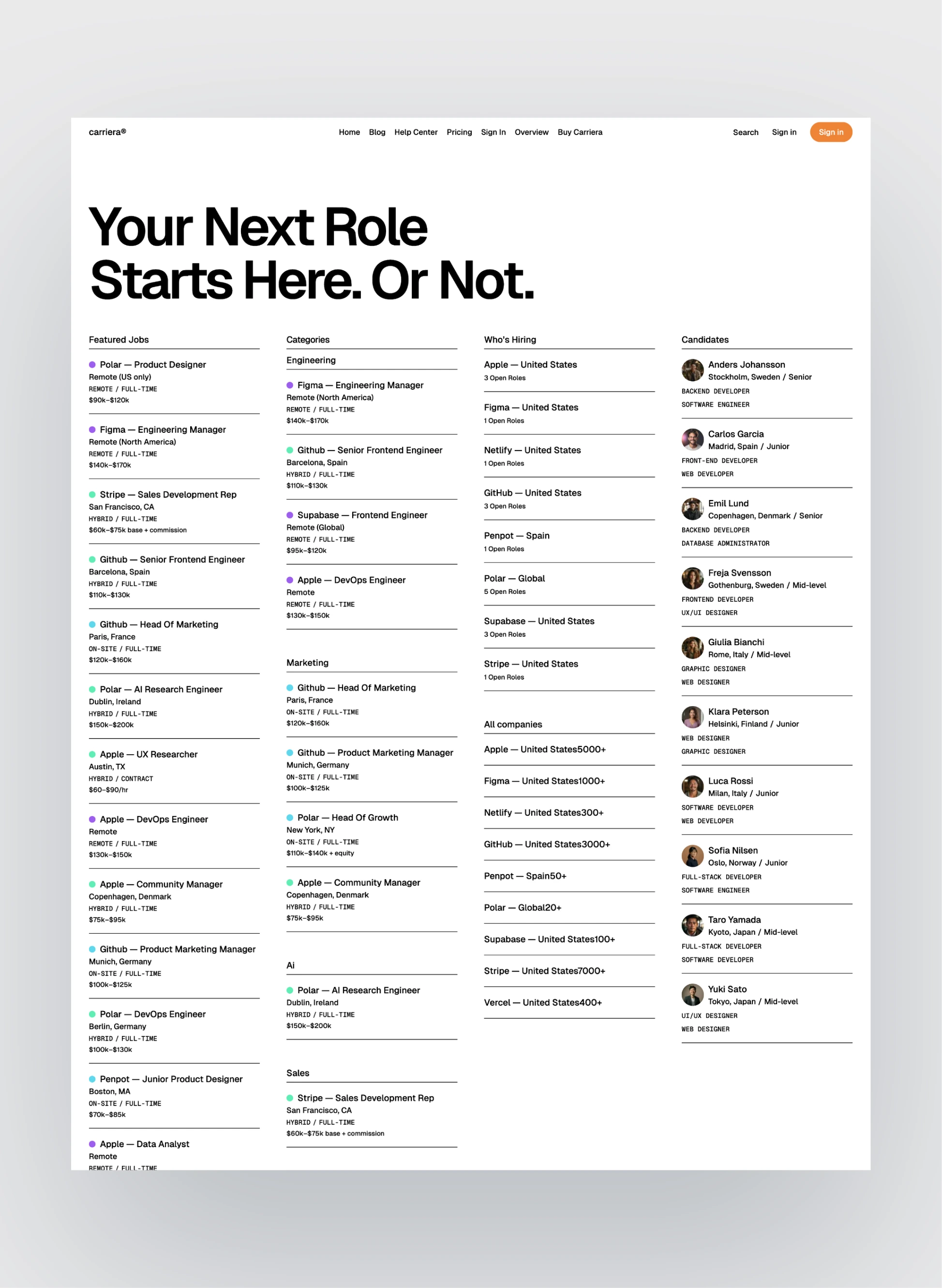 Carriera job board homepage layout