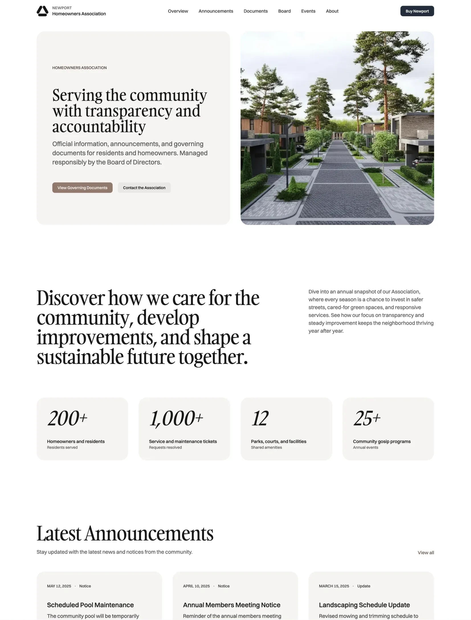 Newport HOA homepage with announcements and community overview