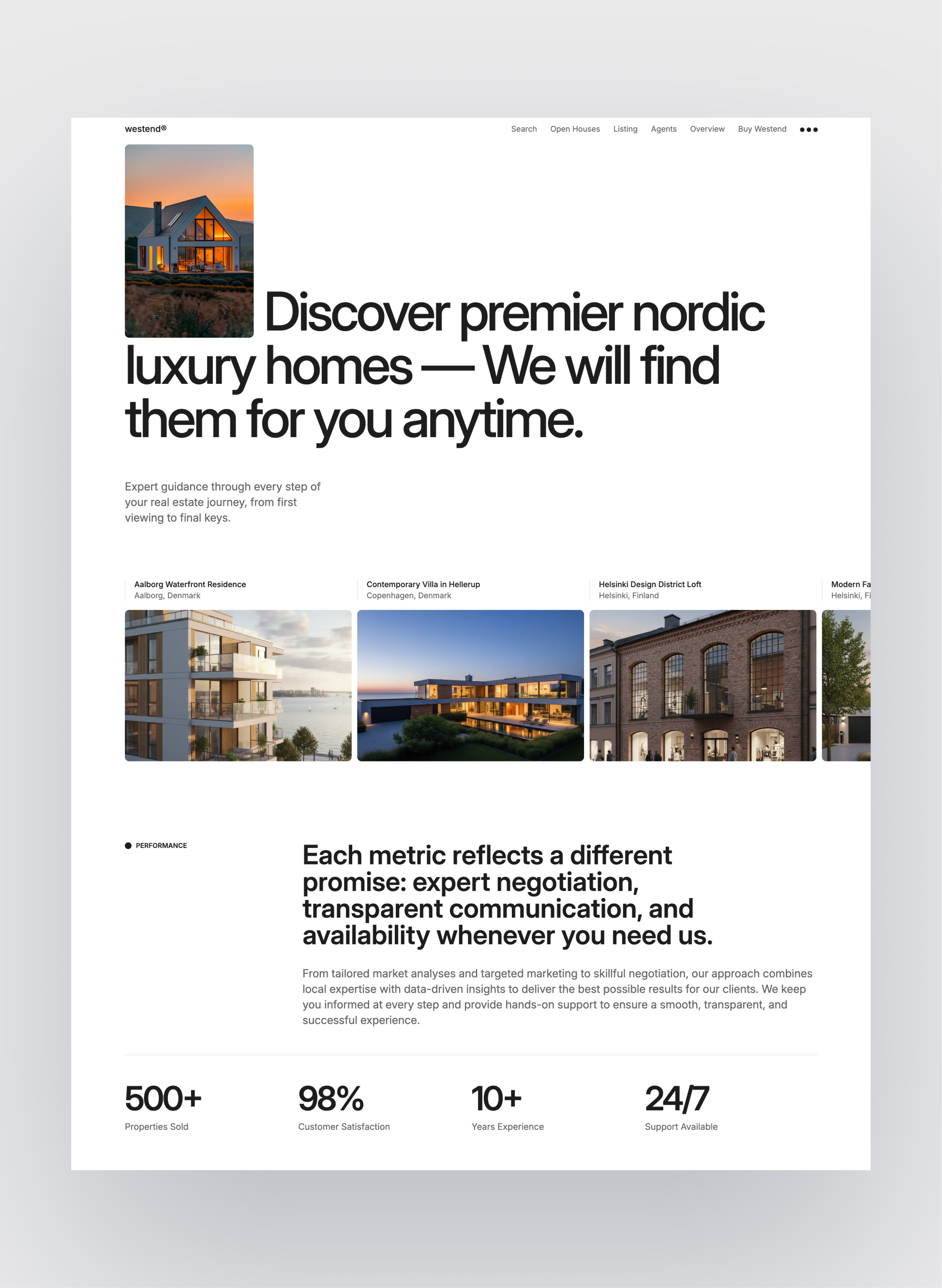 Westend homepage layout showcasing clean luxury listings