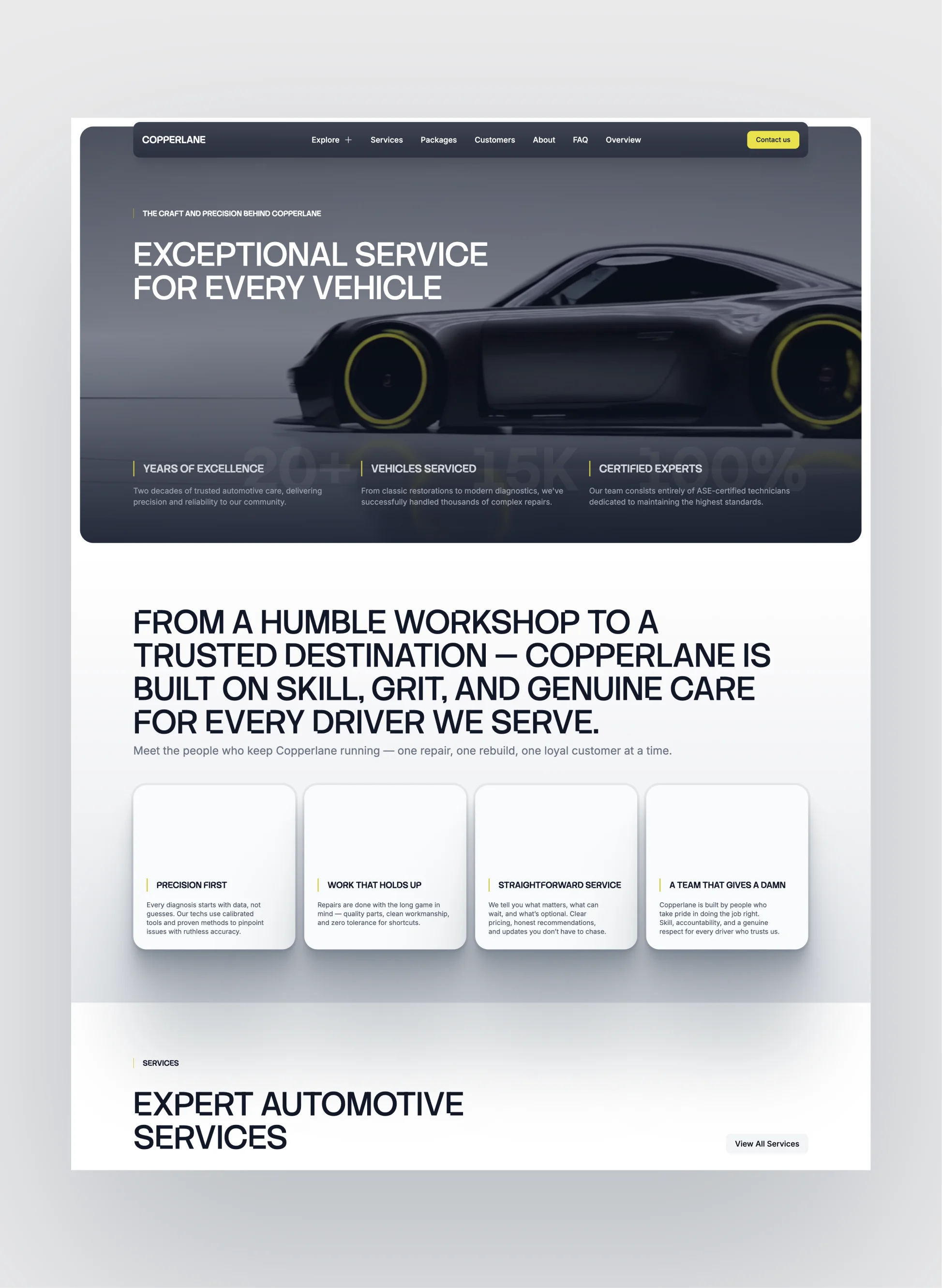 Copperlane automotive landing page with modern service layout