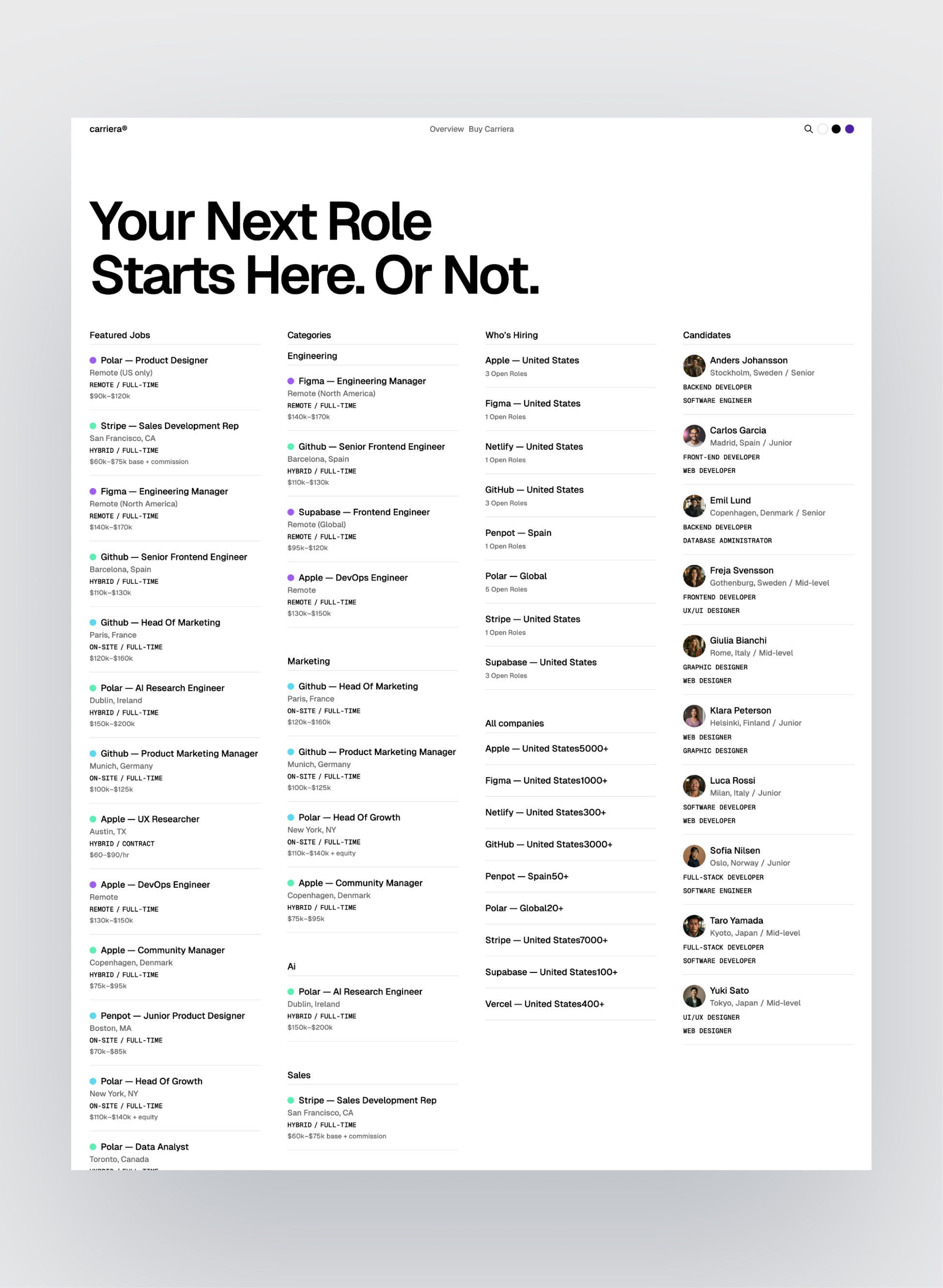 Carriera job board homepage layout