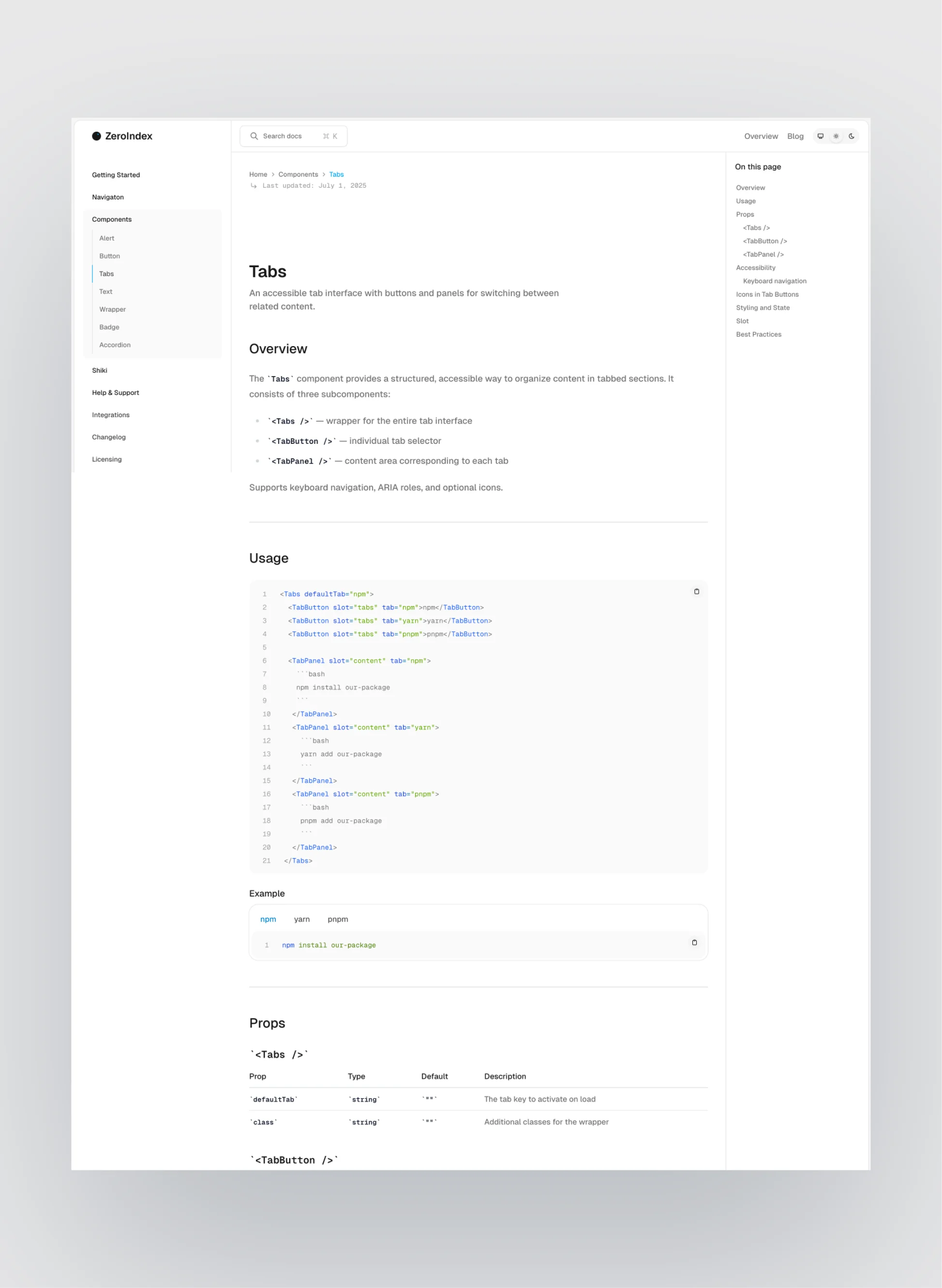 ZeroIndex documentation homepage layout