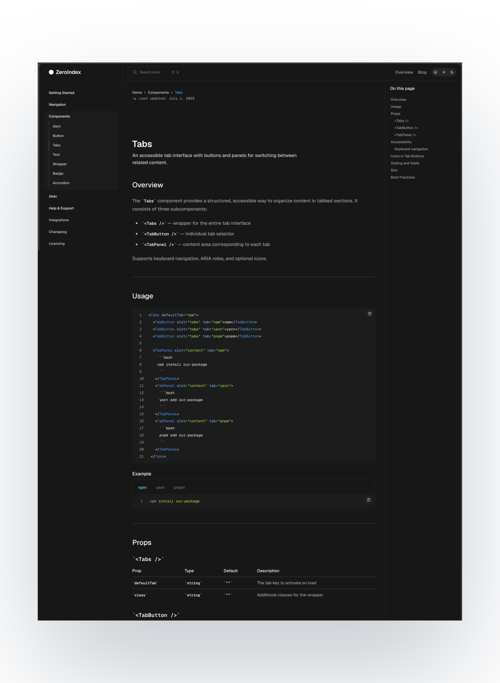 ZeroIndex API reference page