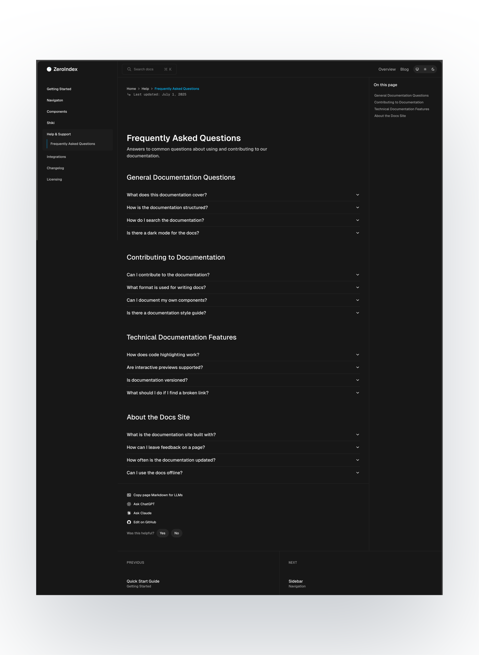 ZeroIndex navigation menu