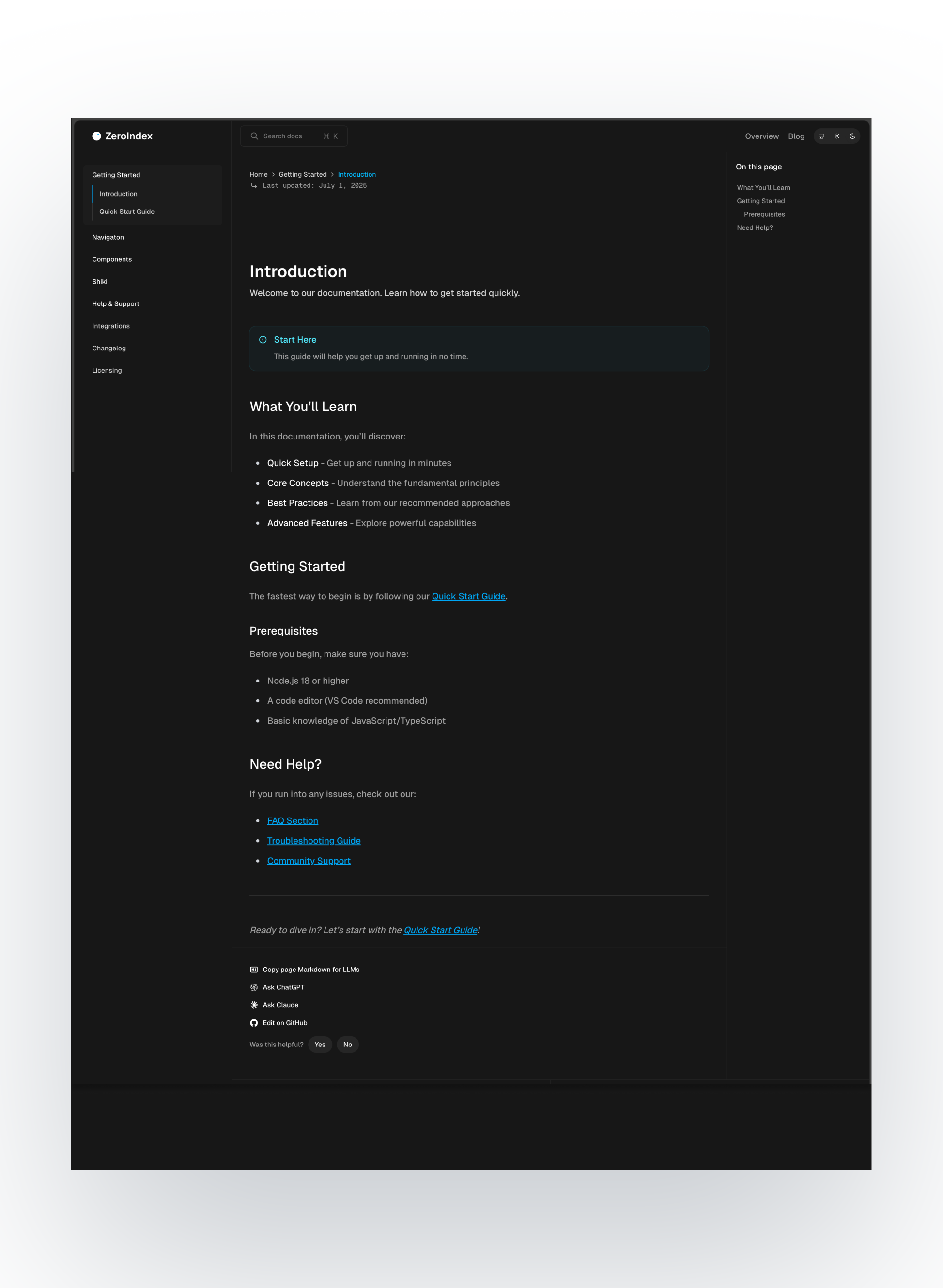 ZeroIndex mobile documentation view