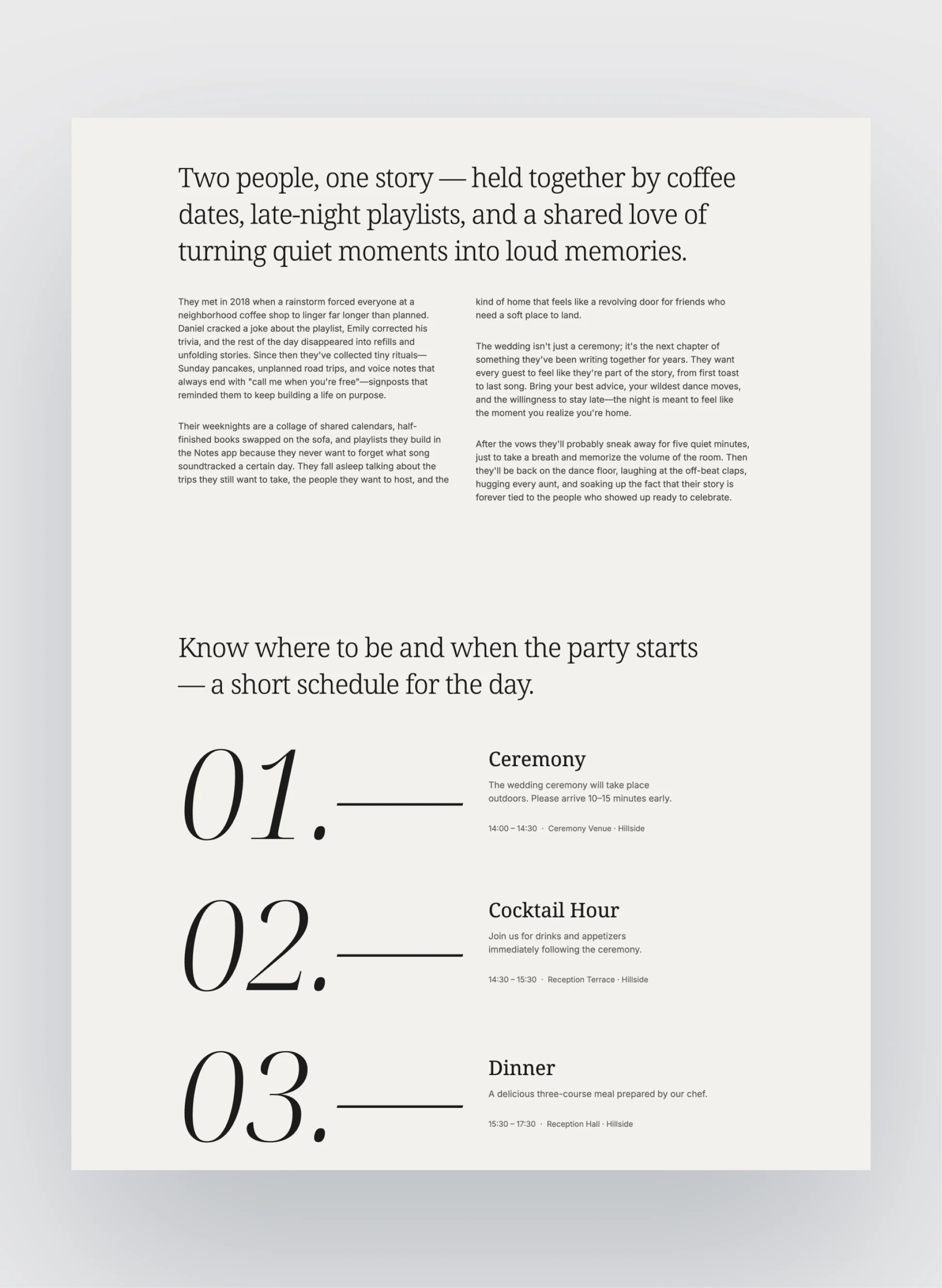 Northbound wedding day schedule layout