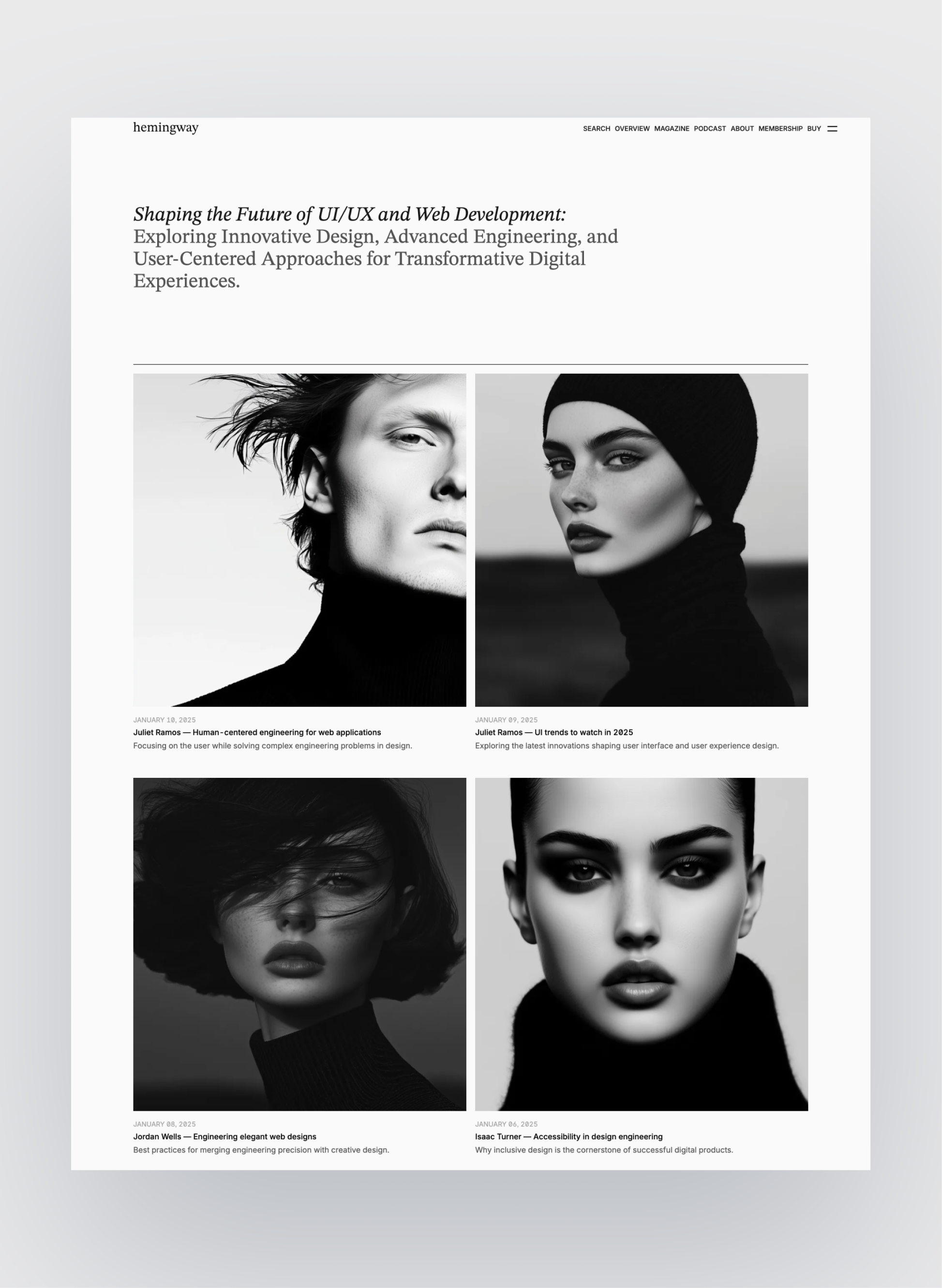 Hemingway podcast page layout