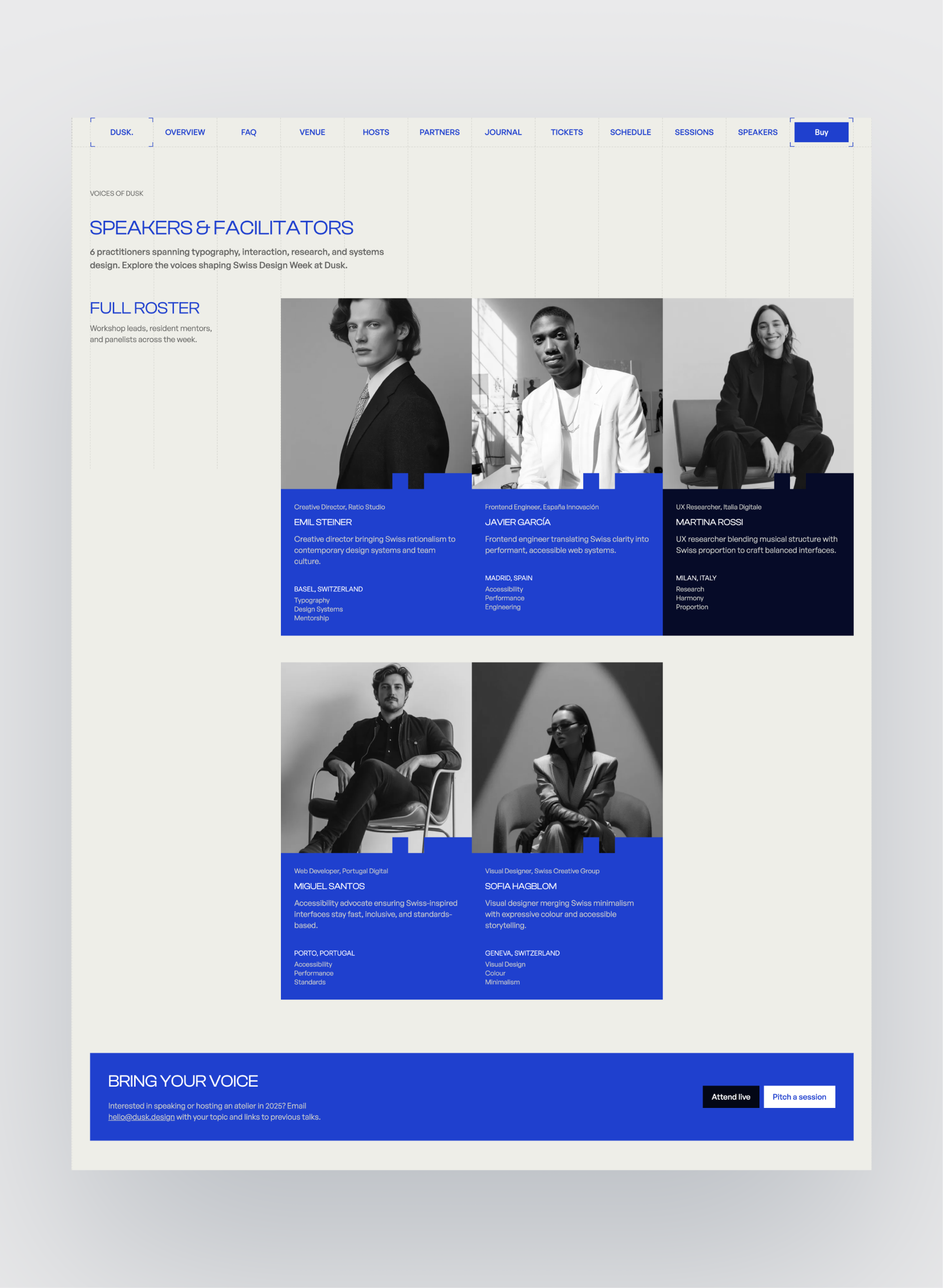 Dusk event schedule and speaker listing layout