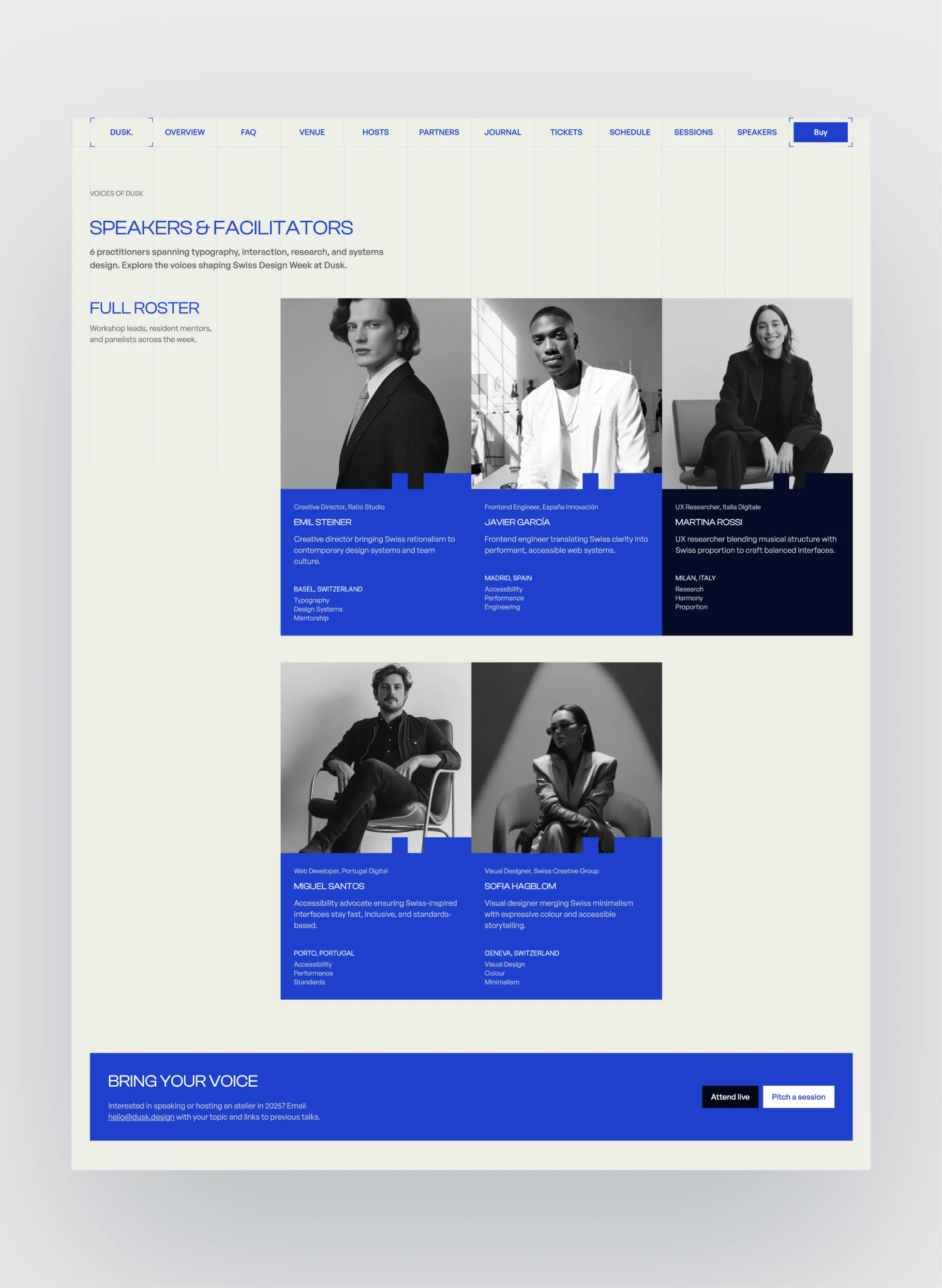 Dusk event schedule and speaker listing layout