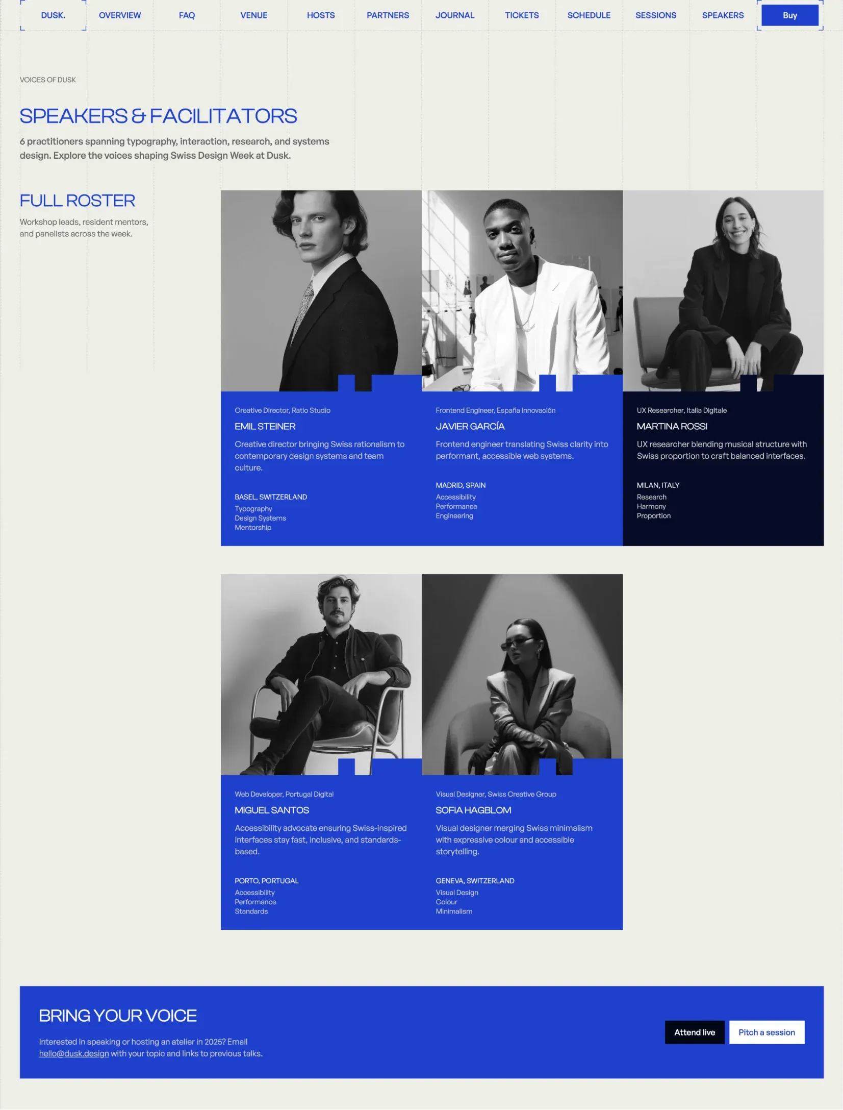 Dusk event schedule and speaker listing layout