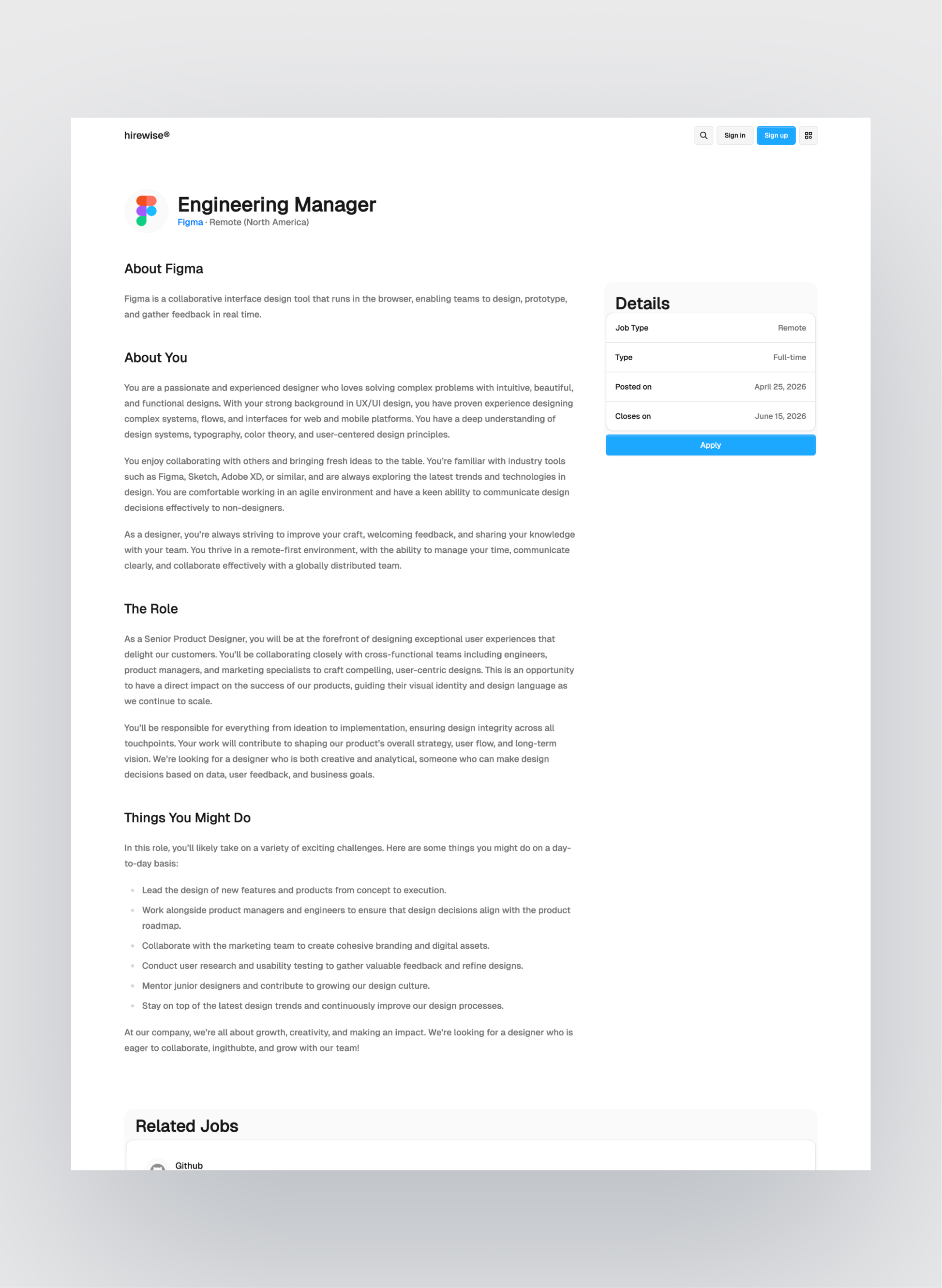 Hirewise job details layout