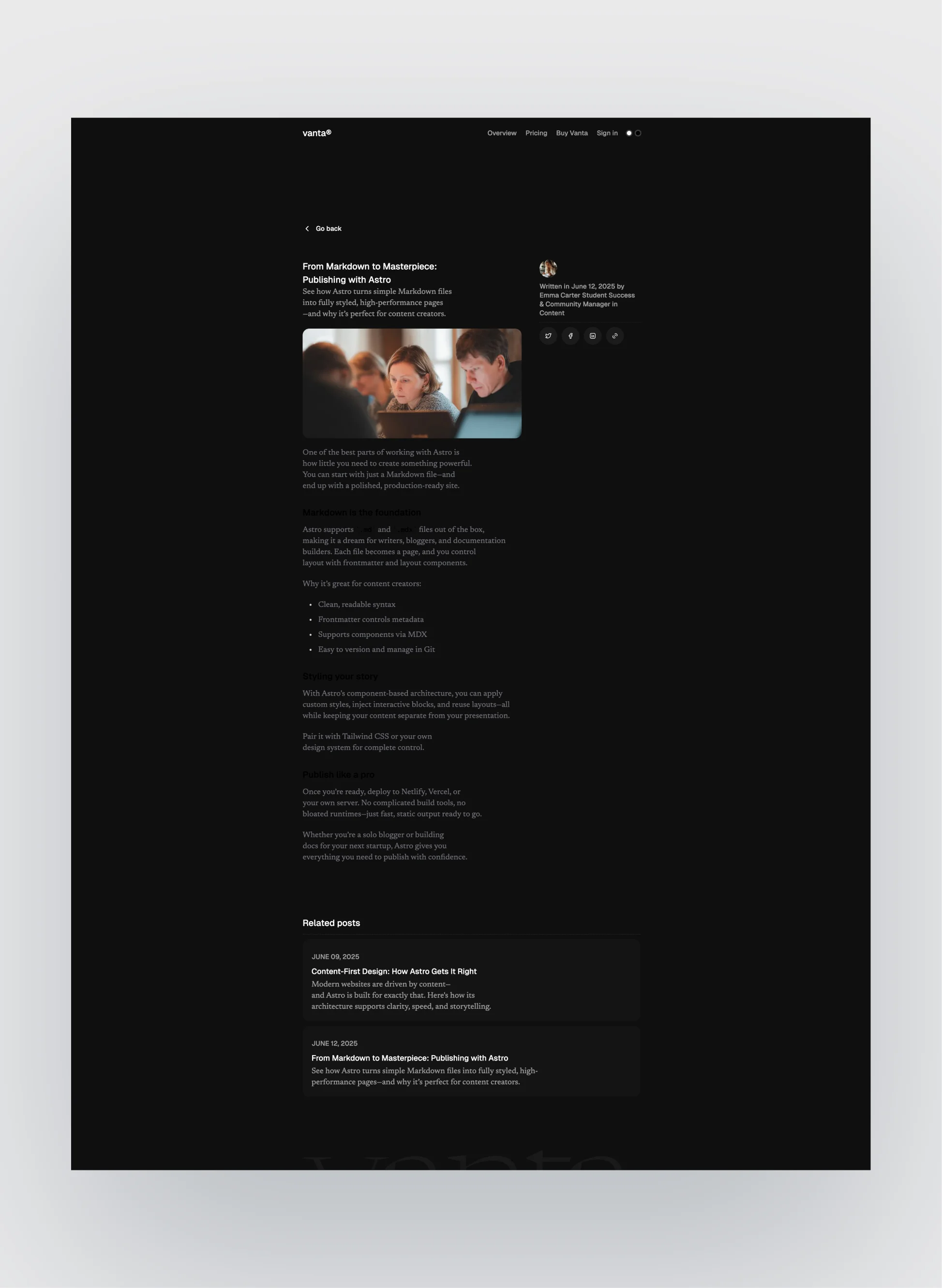 Vanta lesson details page