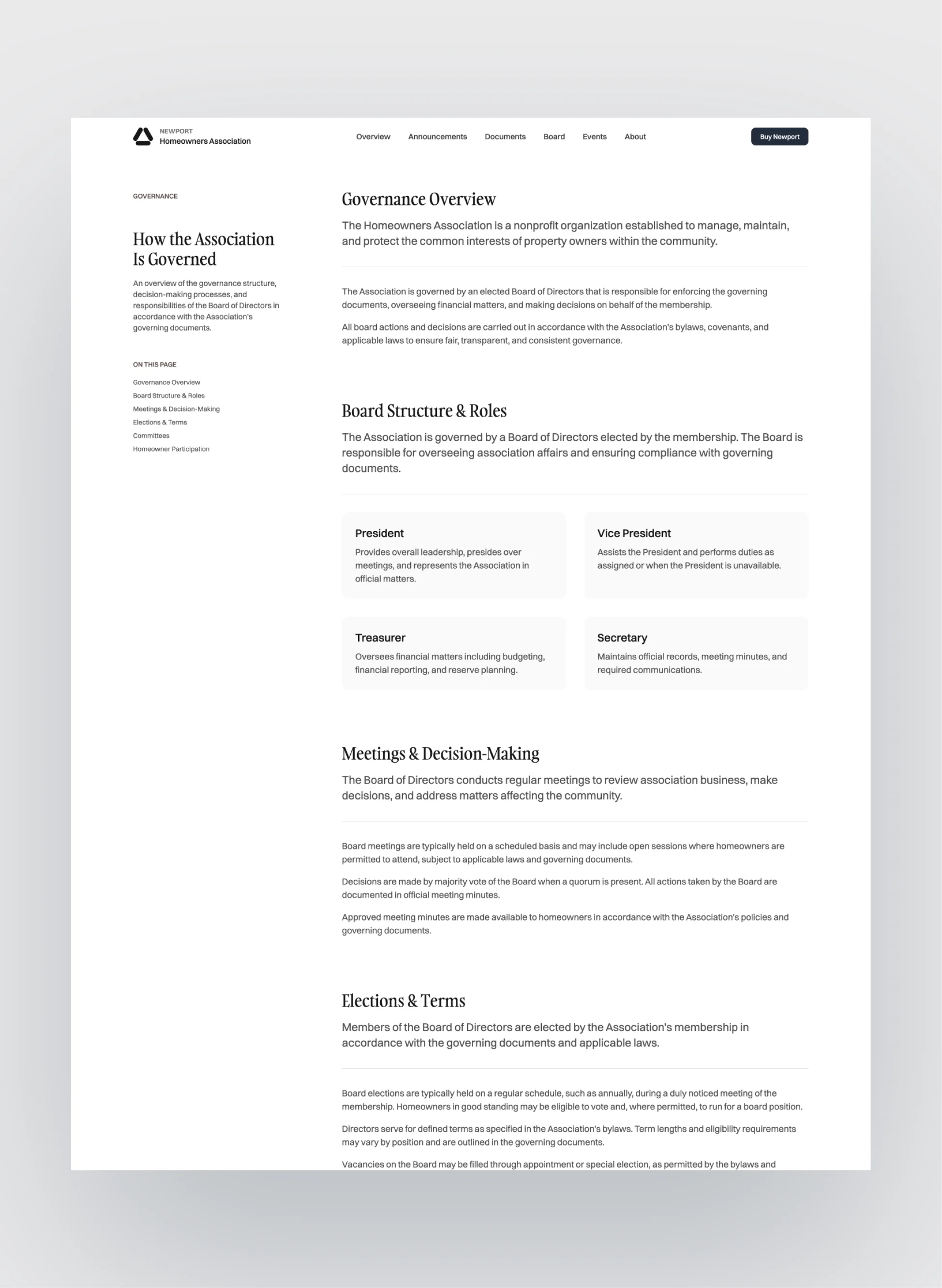 Newport HOA documents and meeting minutes layout