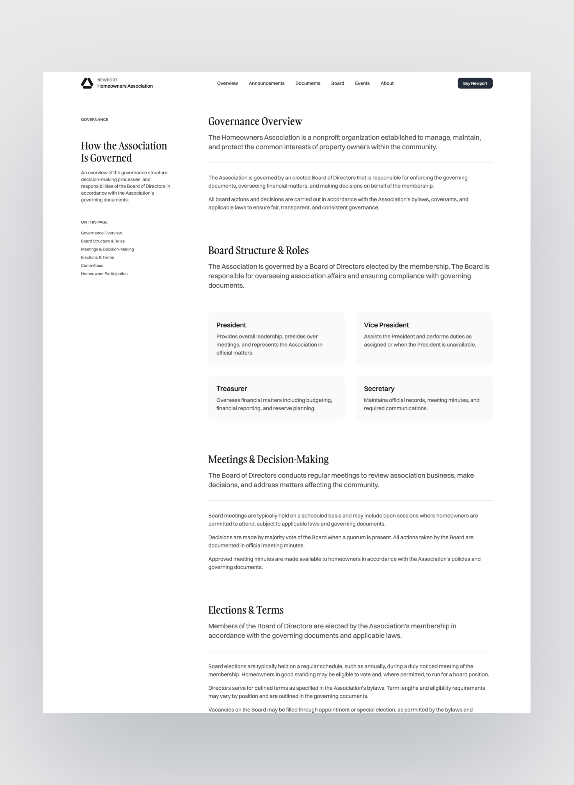 Newport HOA documents and meeting minutes layout