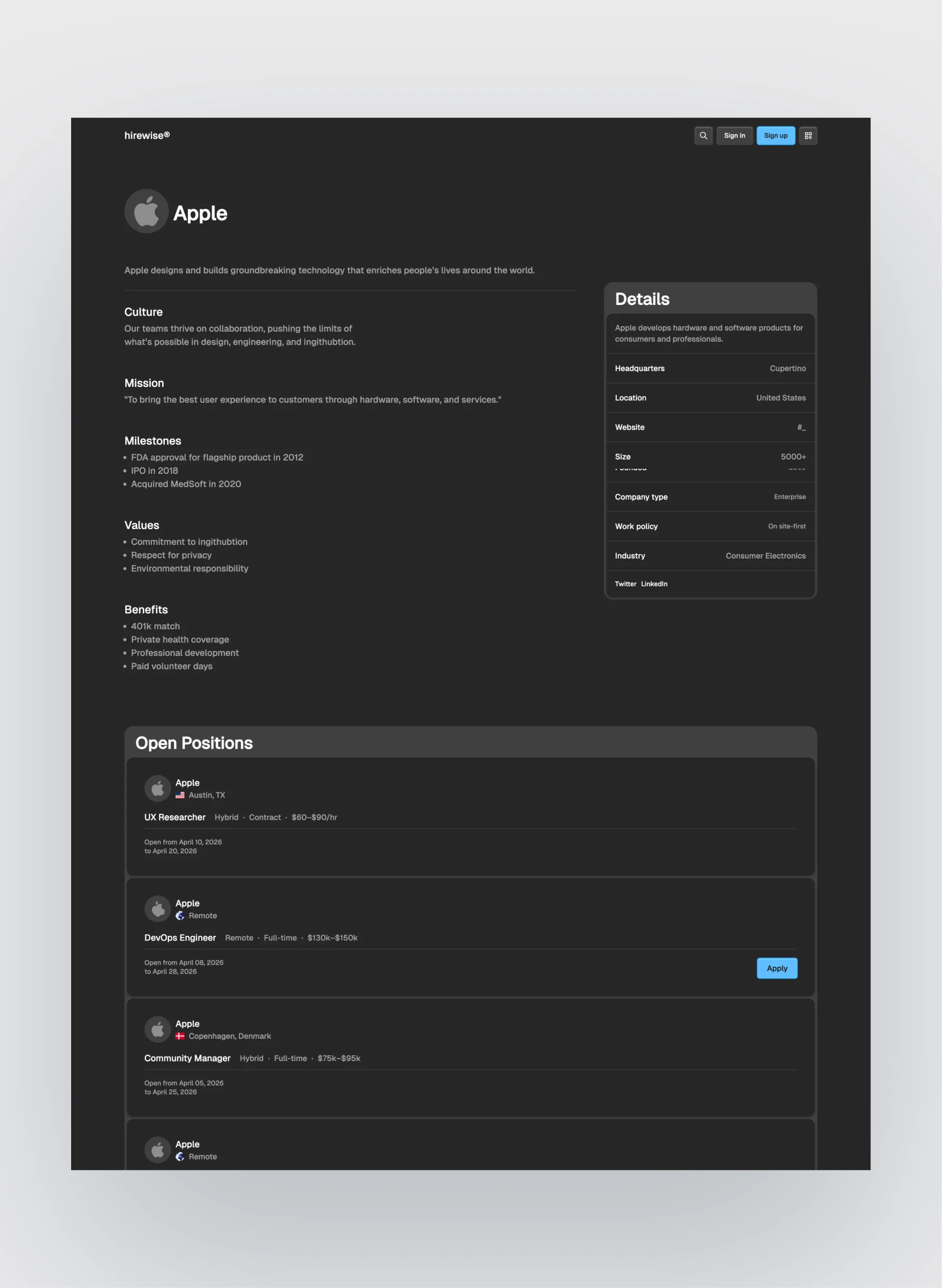 Hirewise pricing page layout