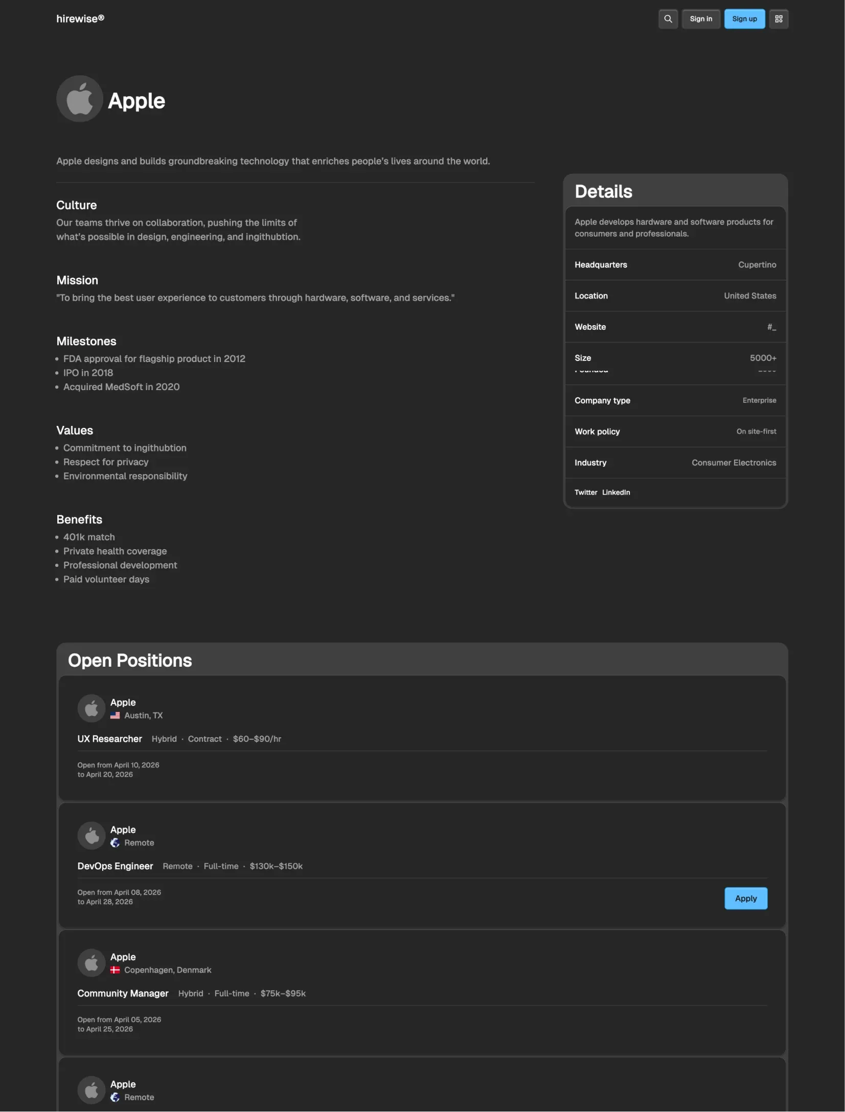 Hirewise pricing page layout