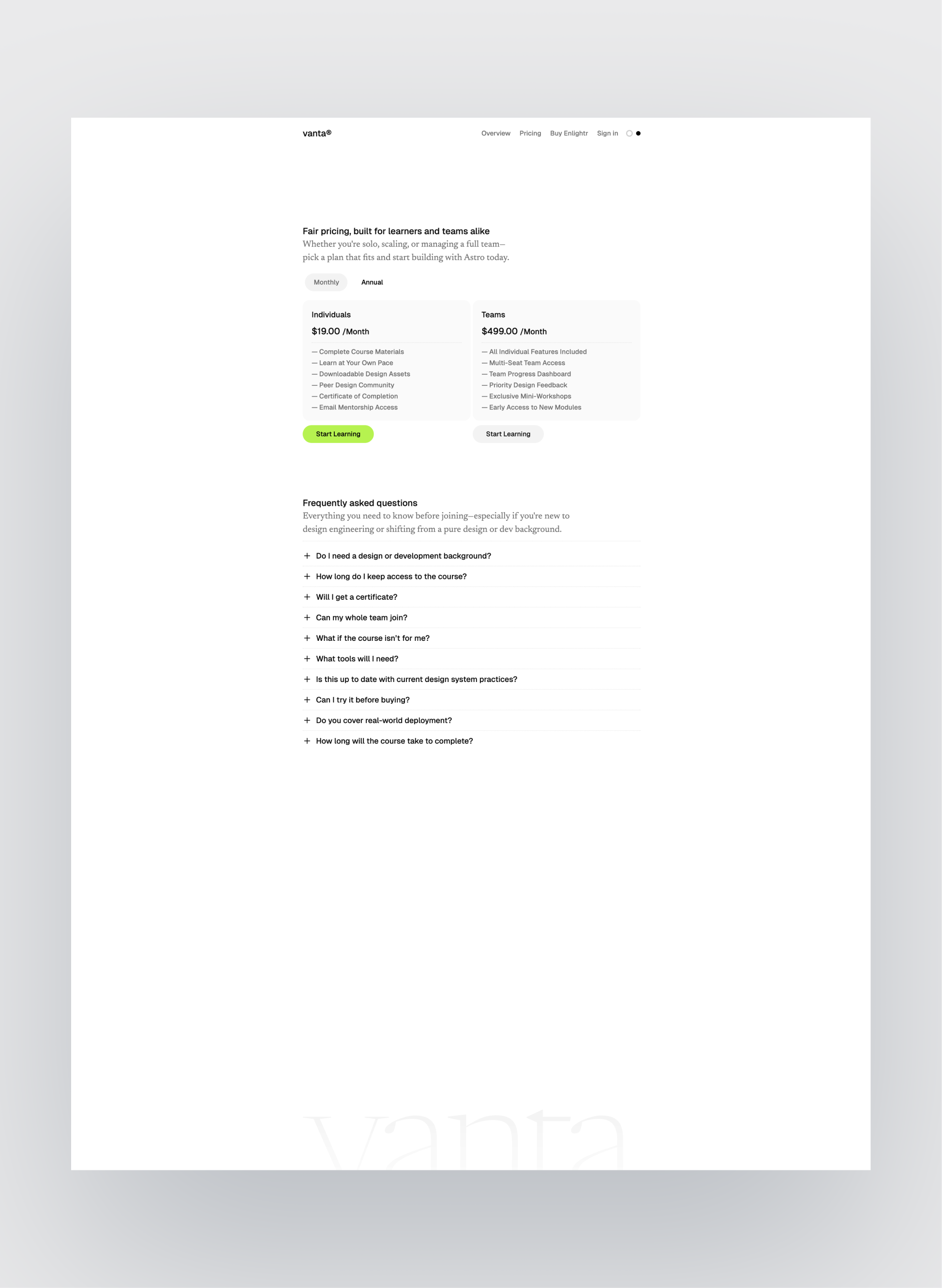 Vanta pricing section