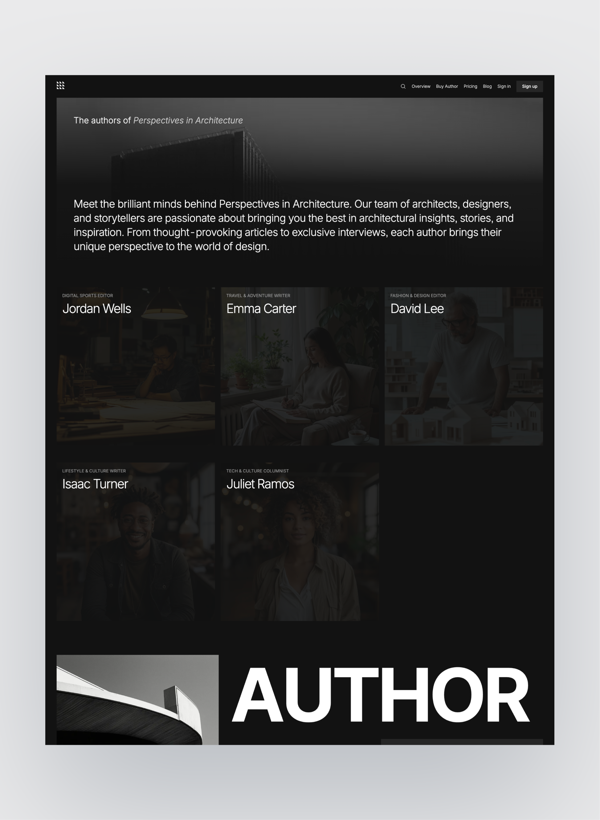 Author dark editorial typography layout
