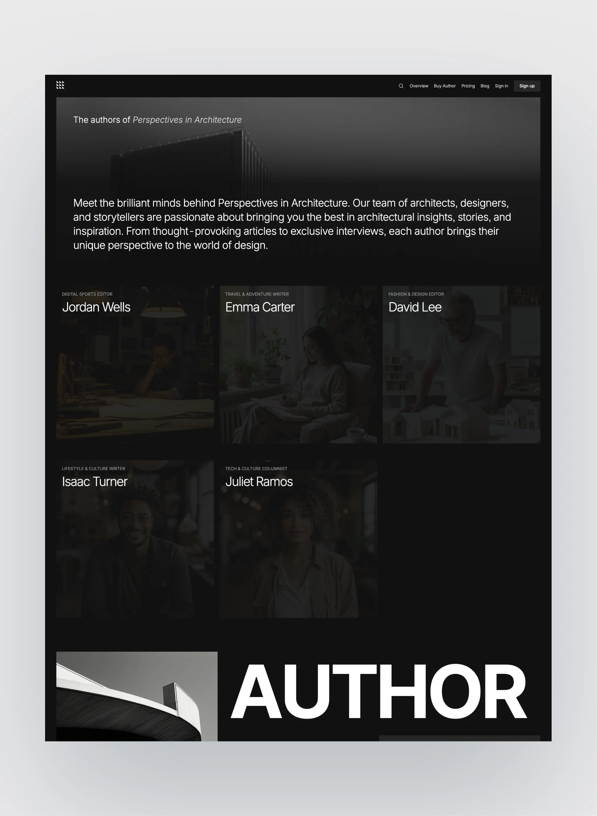 Author dark editorial typography layout