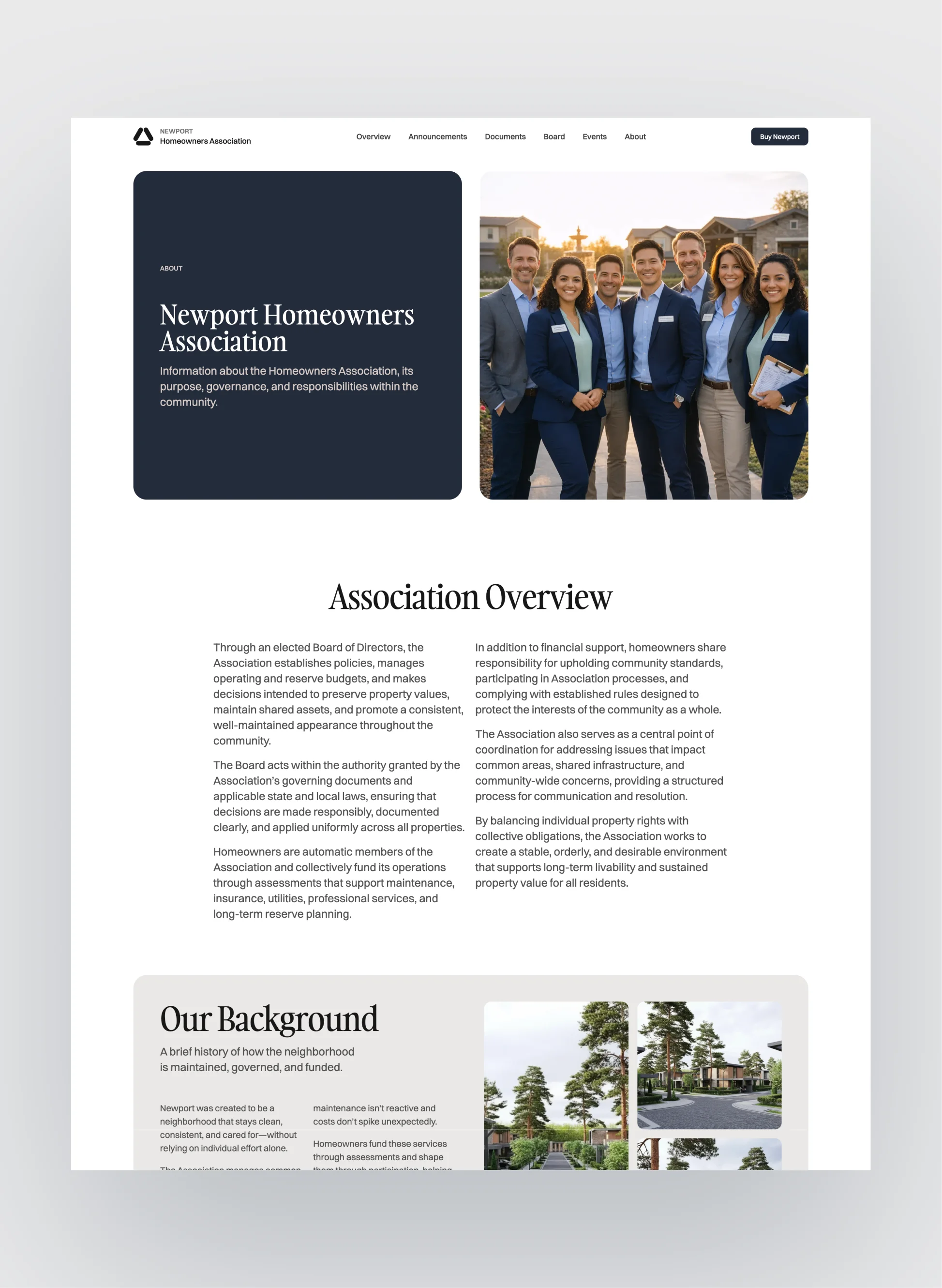 Newport HOA board of directors and leadership section