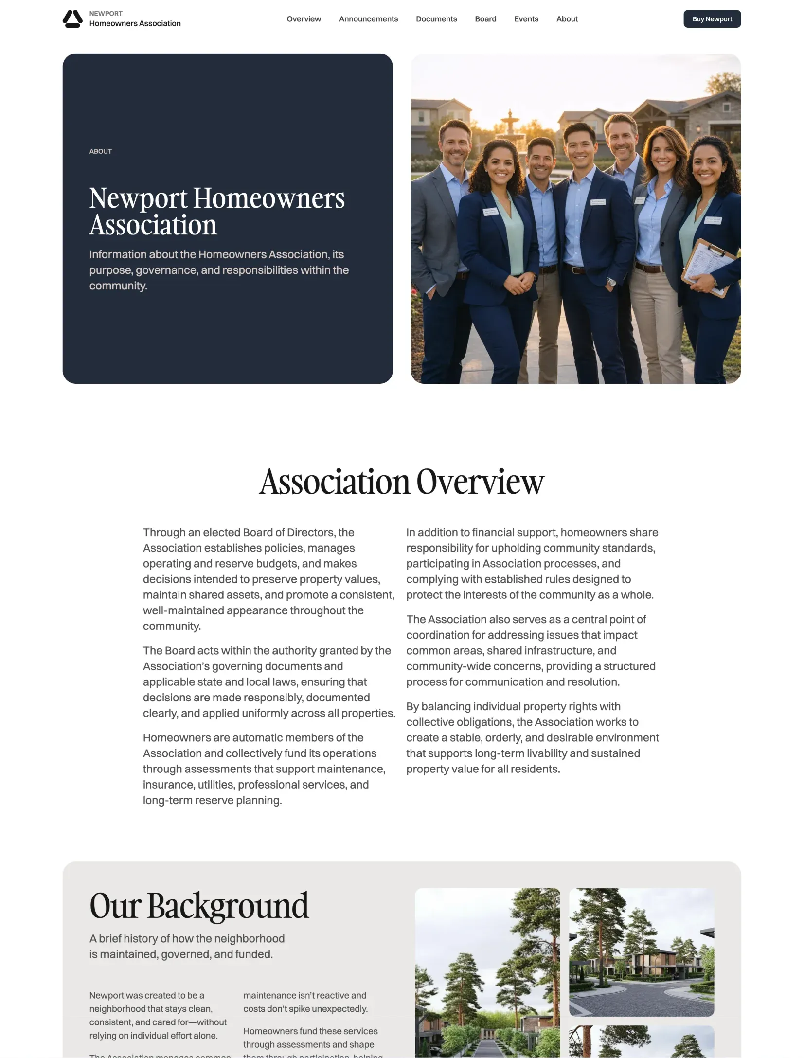 Newport HOA board of directors and leadership section