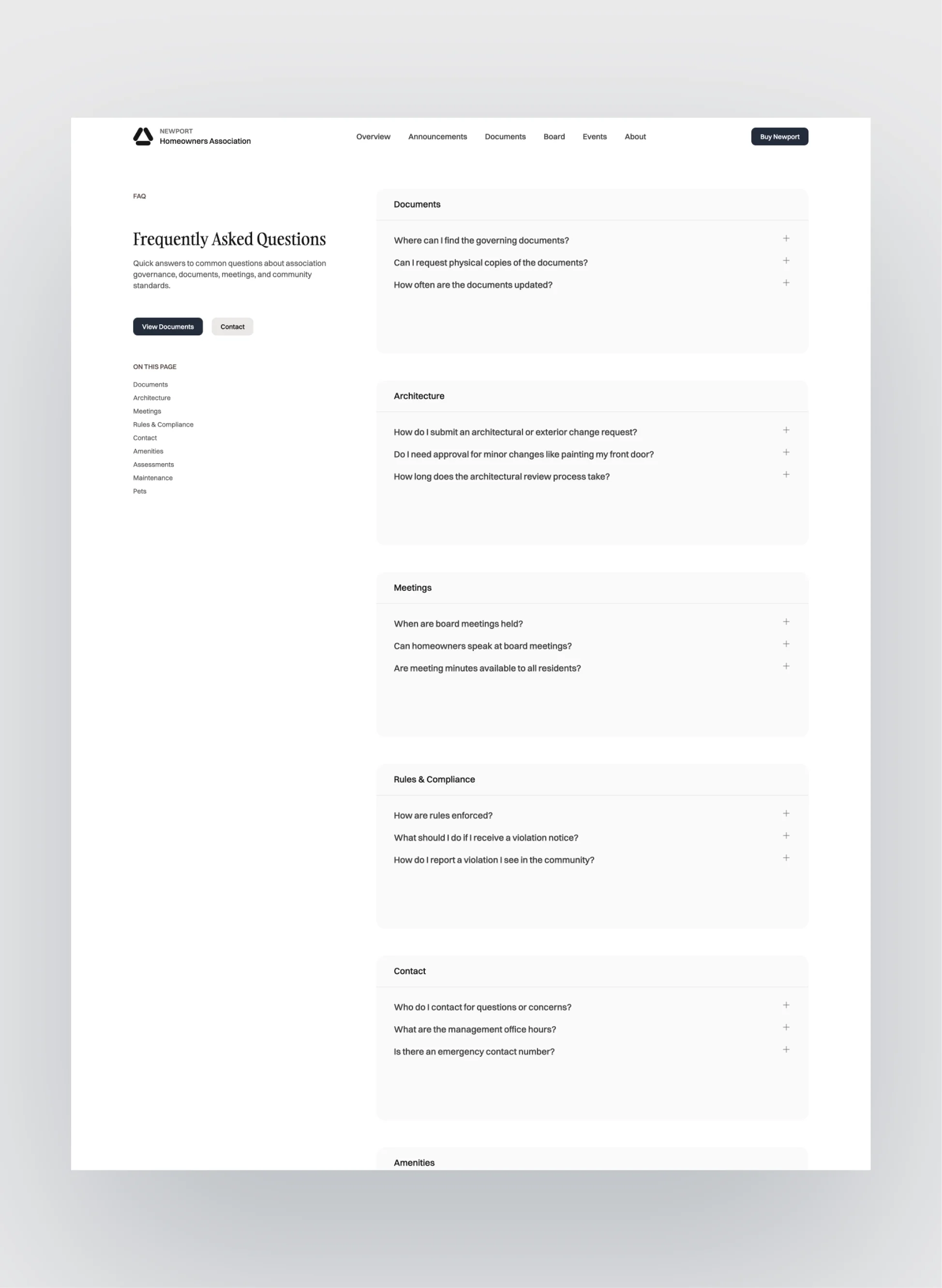 Newport homeowners association homepage hero section