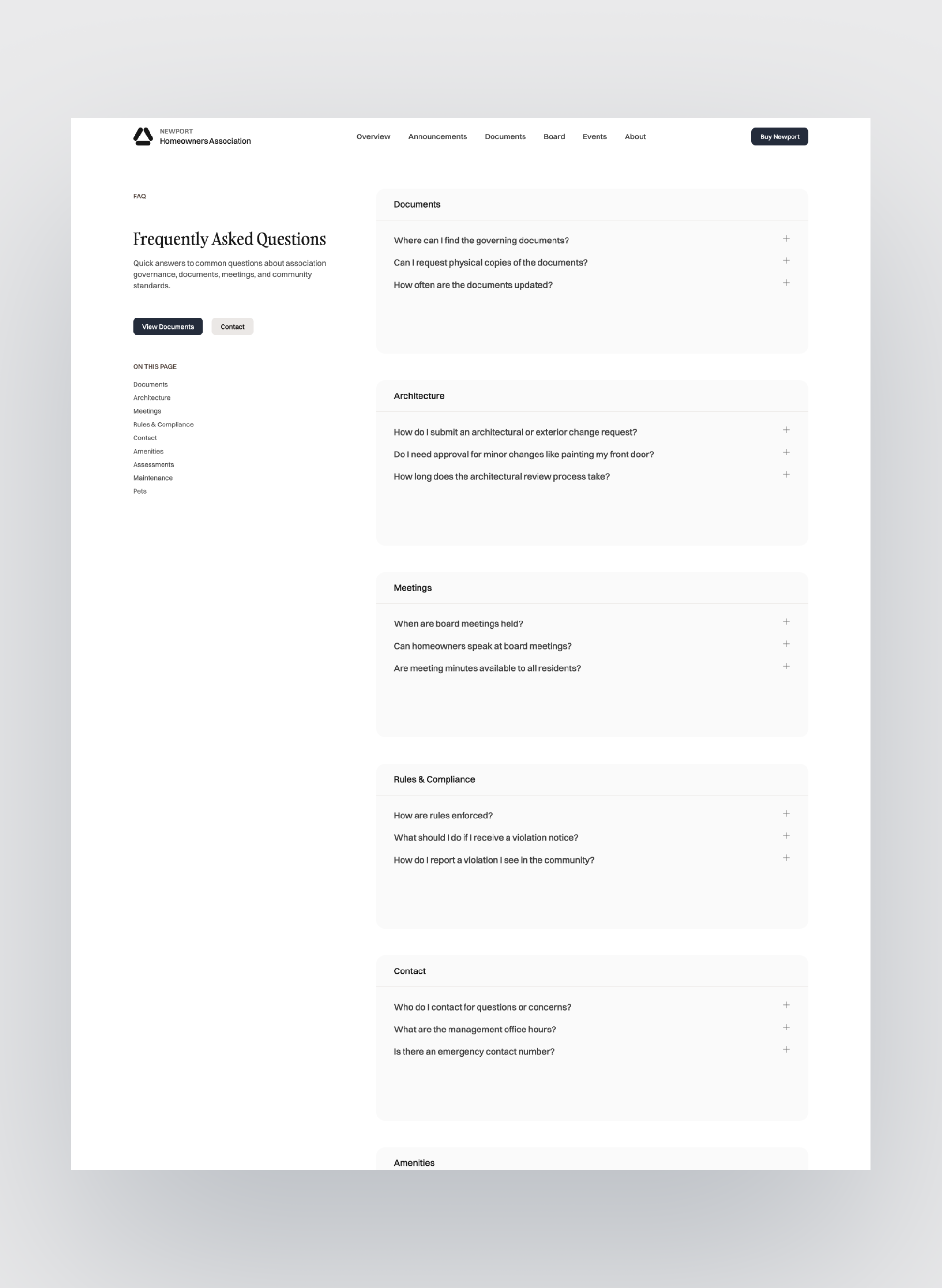 Newport homeowners association homepage hero section