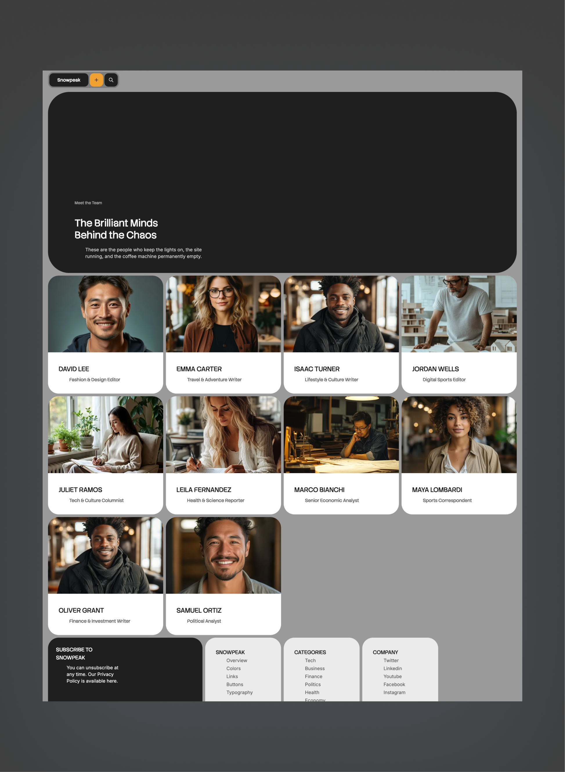 Snowpeak dark-mode grid design