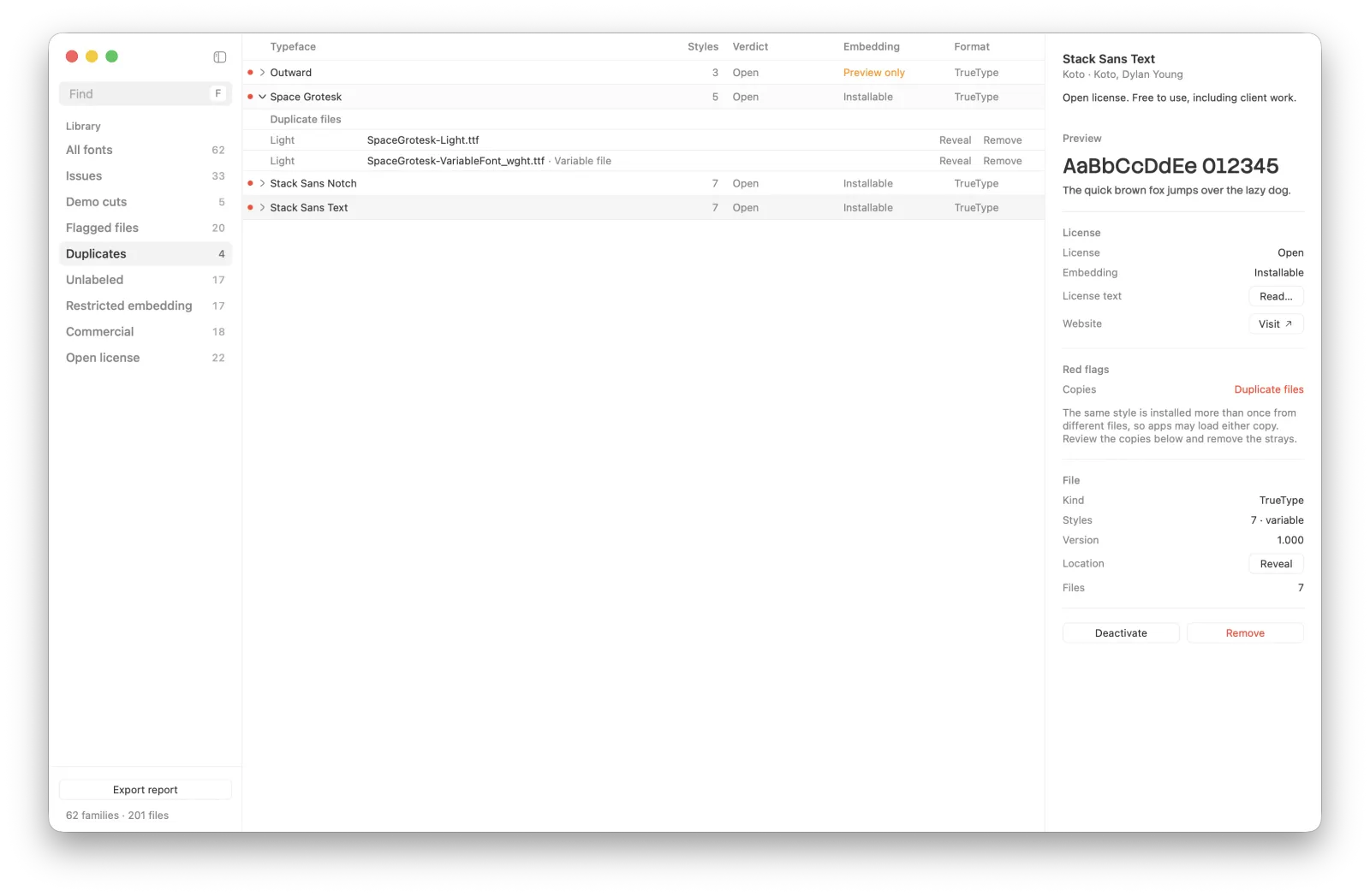 Inktrap showing the Duplicates list with Space Grotesk expanded into its duplicate files, each with reveal and remove actions