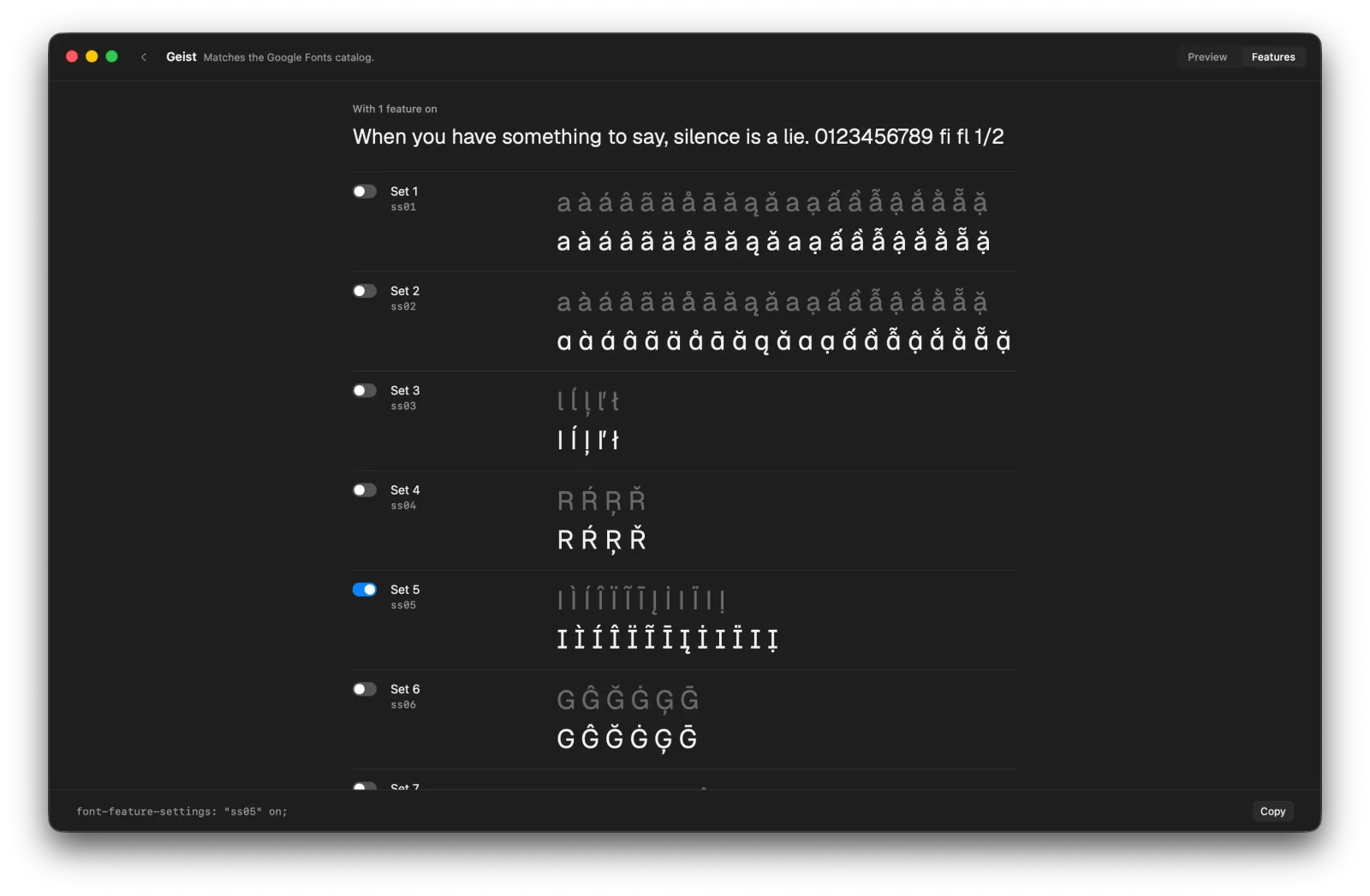 Inktrap's OpenType features view: Geist's stylistic sets with before and after glyphs and a copyable CSS snippet
