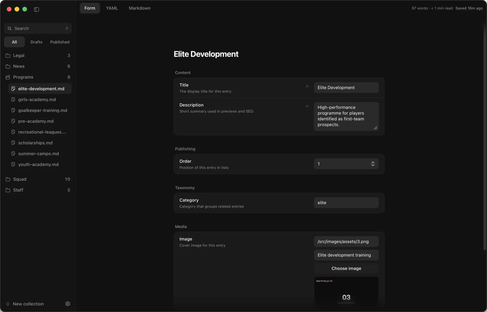Morrisson frontmatter form view in dark mode