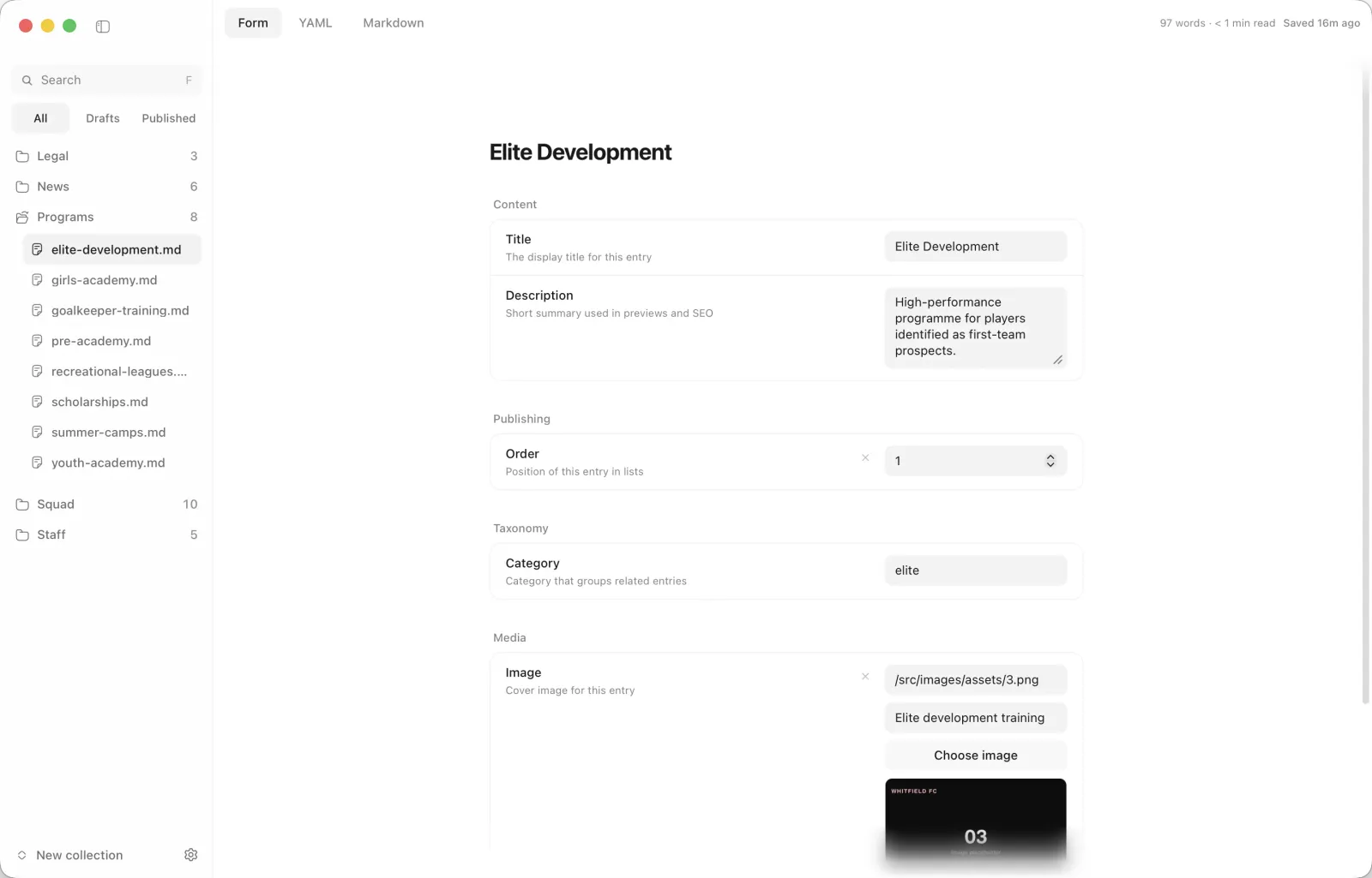 Morrisson frontmatter form view with schema-aware fields