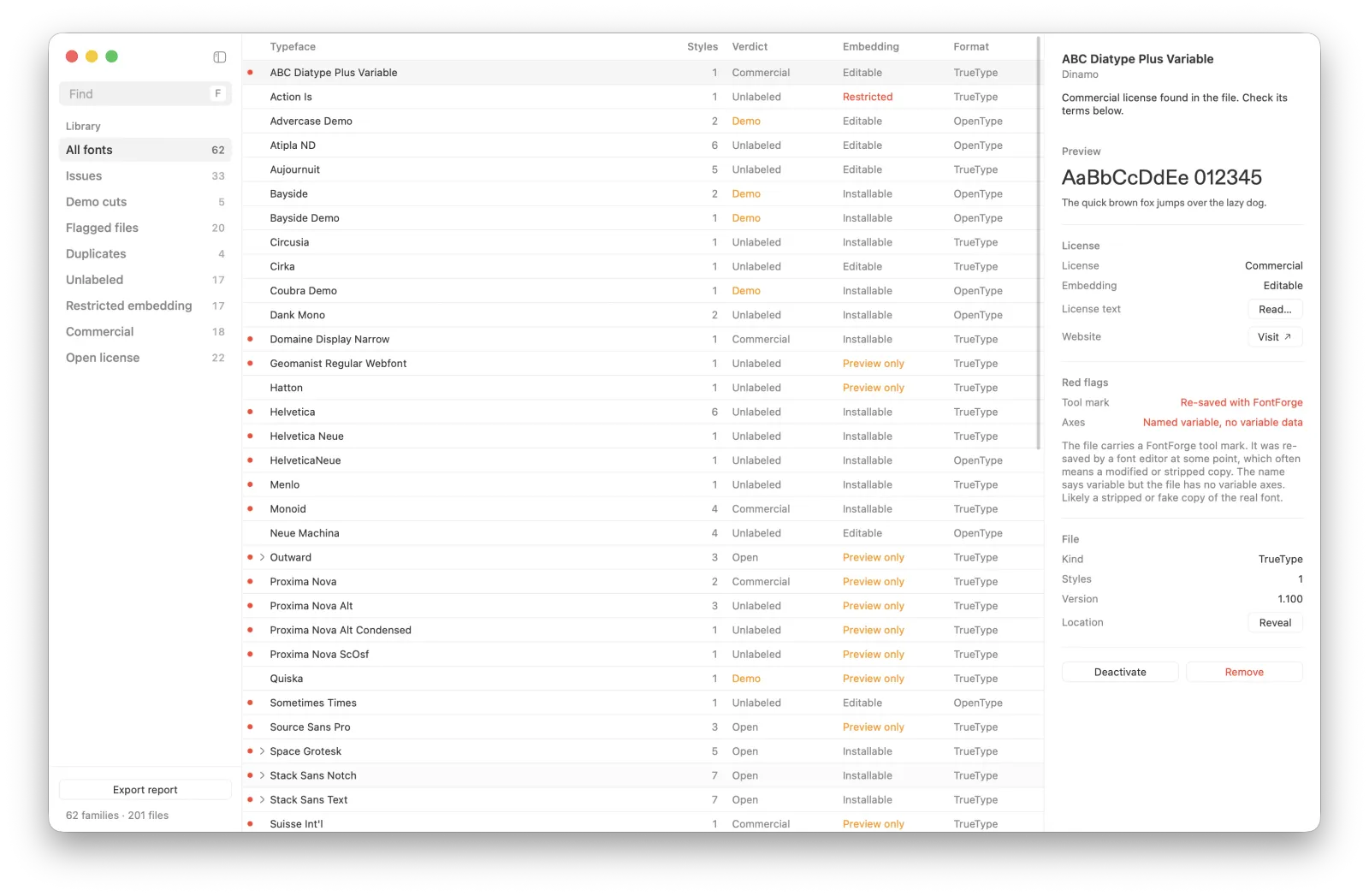 Inktrap in light mode: the font list with a verdict for each family and the details sidebar