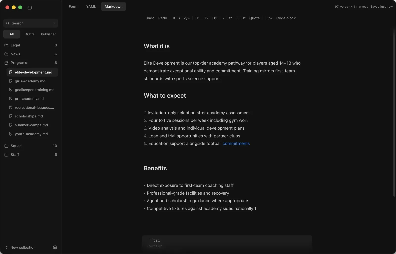 Morrisson in dark mode showing the Markdown editor and autosave status