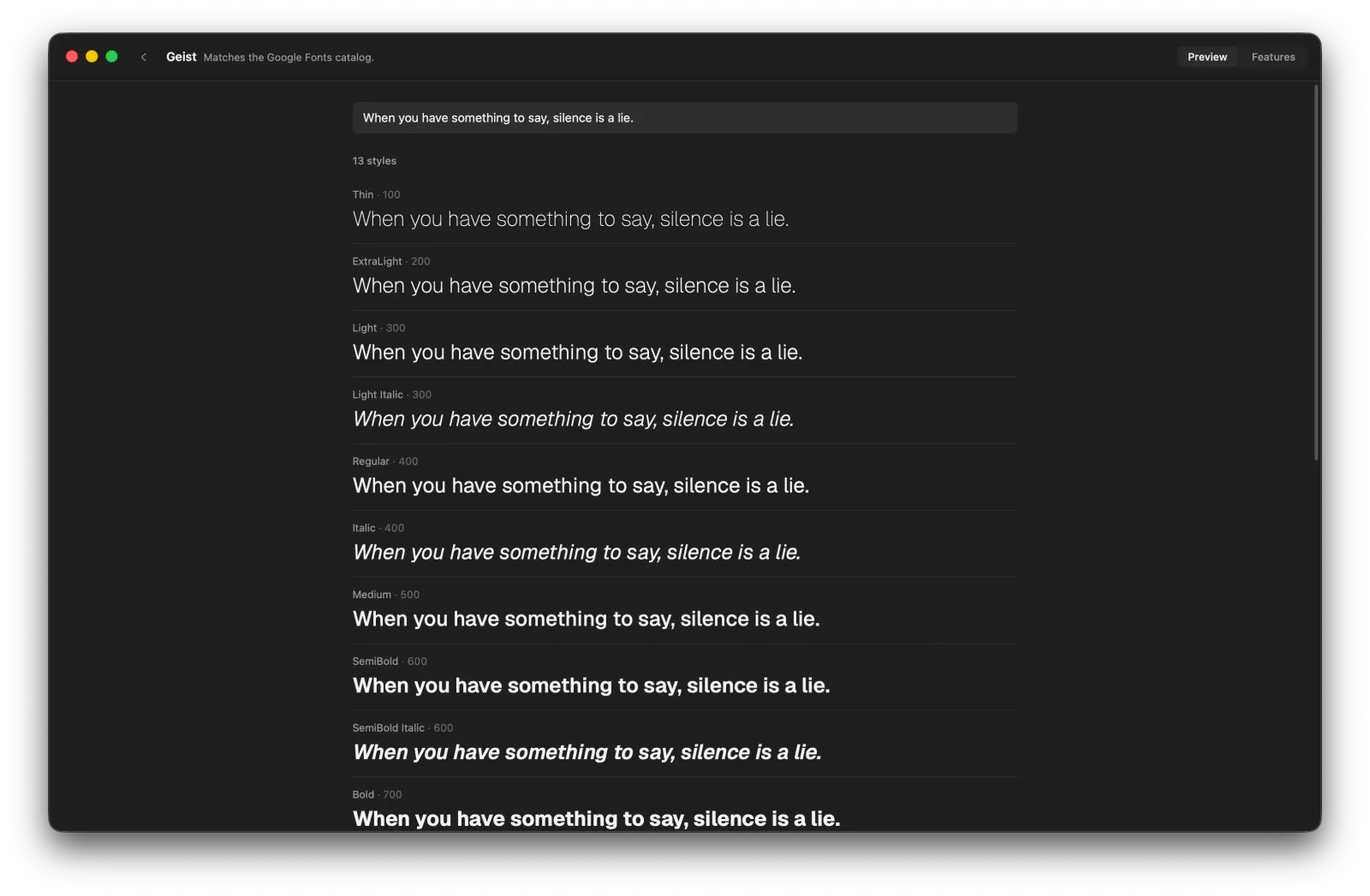 Inktrap's specimen view: Geist rendered as a style waterfall across thirteen weights with custom preview text