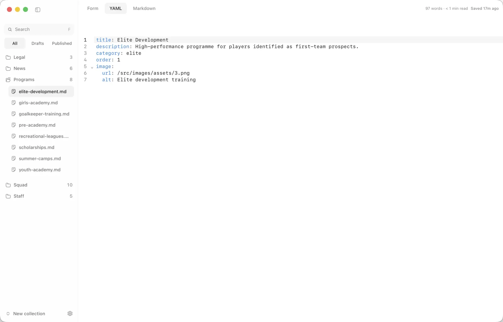 Morrisson sidebar with collections and raw YAML view